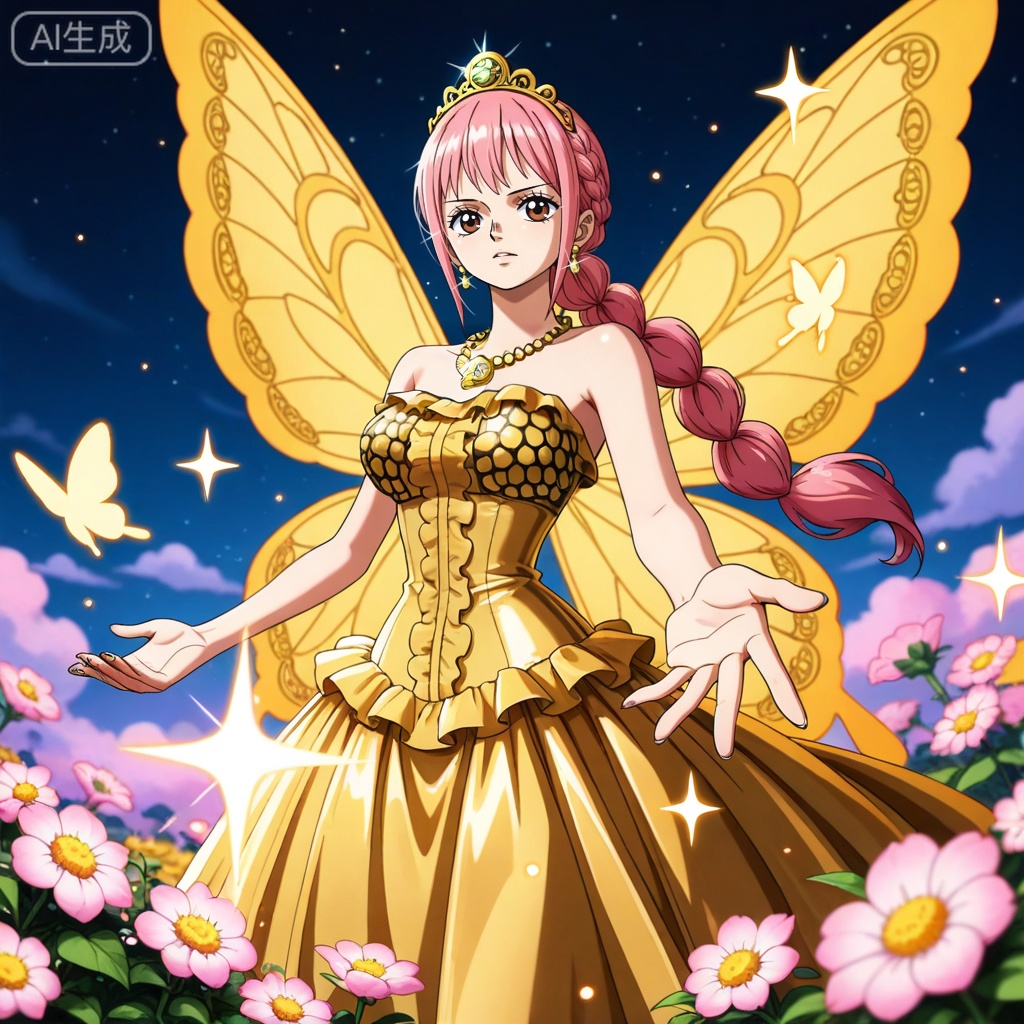 depth of field,masterpiece,best quality,very aesthetic,alternate costume,alternate costume,2024,2023,perfect composition,ultra-detailed,extreme aesthetic,masterpiece,best quality,good quality,newest,year 2024,year 2023,very aesthetic,absurdres,looking_at_viewer,colorful,
rebecca one piece,rebecca\(one piece\),pink hair,braid,long hair,brown eyes,retro artstyle,Rebecca\(one piece\),
lvjing,1girl,dress,hair ornament,butterfly,jewelry,bug,solo,wings,insect wings,earrings,flower,tiara,necklace,night,butterfly wings,sparkle,outstretched hand,bare shoulders,gold dress,
