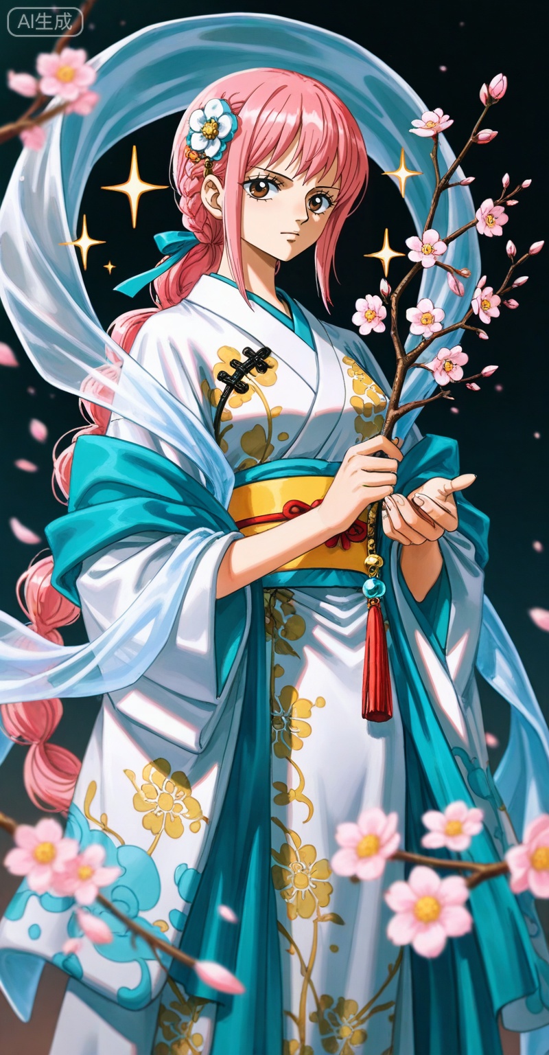 depth of field,masterpiece,best quality,very aesthetic,alternate costume,alternate costume,2024,2023,perfect composition,ultra-detailed,extreme aesthetic,(quasarcake:0.7),masterpiece,best quality,good quality,newest,year 2024,year 2023,very aesthetic,absurdres,looking_at_viewer,colorful,
rebecca one piece,rebecca\(one piece\),pink hair,braid,long hair,brown eyes,retro artstyle,Rebecca\(one piece\),
lvjing,1girl,long hair,hair ornament,very long hair,flower,wide sleeves,japanese clothes,sparkle,long sleeves,hagoromo,chinese clothes,holding,solo,tassel,branch,shawl,9,
