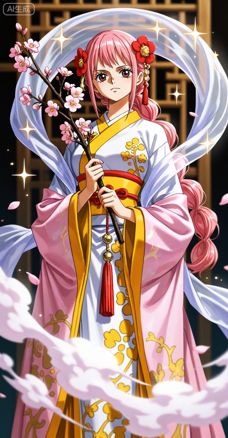 depth of field,masterpiece,best quality,very aesthetic,alternate costume,alternate costume,2024,2023,perfect composition,ultra-detailed,extreme aesthetic,(quasarcake:0.7),masterpiece,best quality,good quality,newest,year 2024,year 2023,very aesthetic,absurdres,looking_at_viewer,colorful,
rebecca one piece,rebecca\(one piece\),pink hair,braid,long hair,brown eyes,retro artstyle,Rebecca\(one piece\),
lvjing,1girl,long hair,hair ornament,very long hair,flower,wide sleeves,japanese clothes,sparkle,long sleeves,hagoromo,chinese clothes,holding,solo,tassel,branch,shawl,9,
