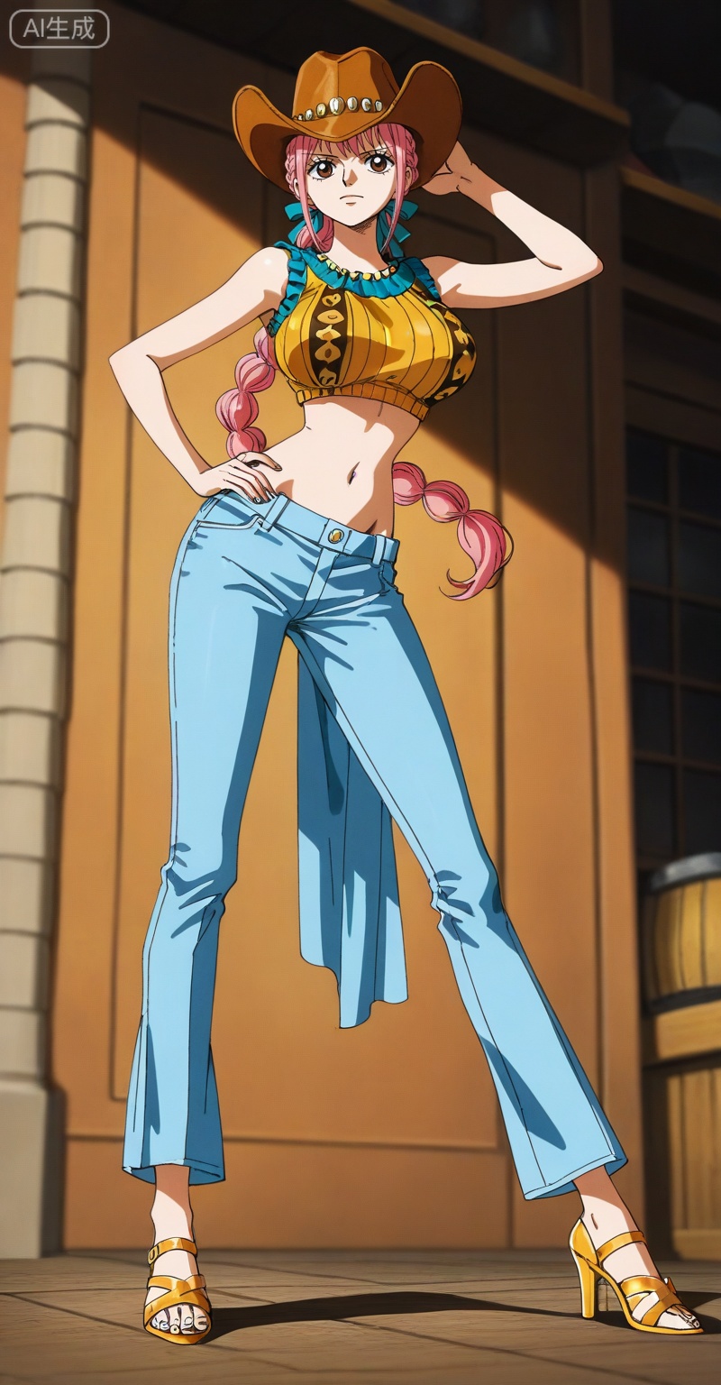 depth of field,masterpiece,best quality,very aesthetic,alternate costume,alternate costume,2024,2023,perfect composition,ultra-detailed,extreme aesthetic,(quasarcake:0.7),masterpiece,best quality,good quality,newest,year 2024,year 2023,very aesthetic,absurdres,looking_at_viewer,colorful,
rebecca one piece,rebecca\(one piece\),pink hair,braid,long hair,brown eyes,retro artstyle,Rebecca\(one piece\),
1girl,solo,hat,cowboy hat,midriff,breasts,pants,long hair,navel,large breasts,full body,crop top,high heels,
