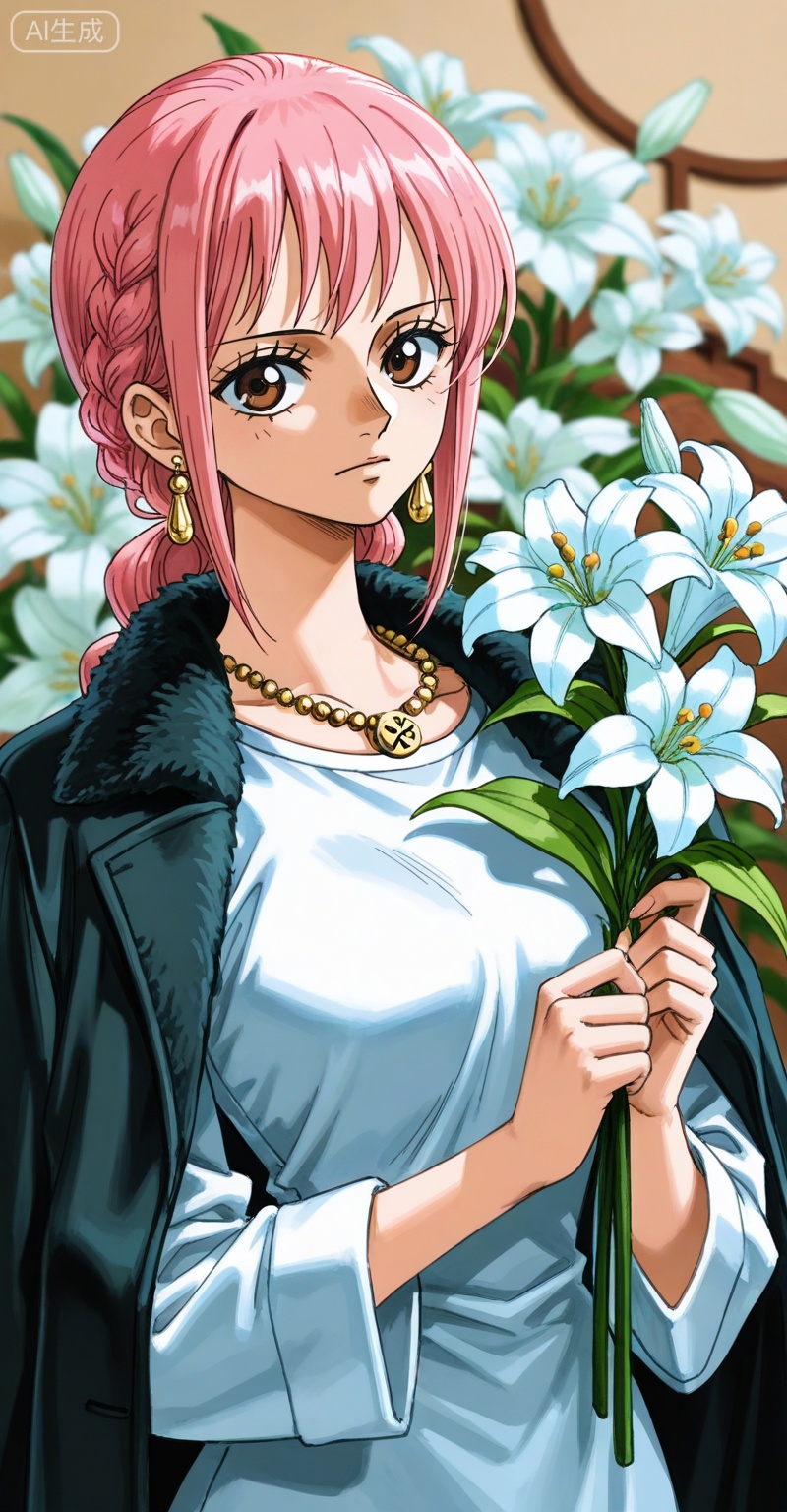 depth of field,masterpiece,best quality,very aesthetic,alternate costume,alternate costume,2024,2023,perfect composition,ultra-detailed,extreme aesthetic,(quasarcake:0.7),masterpiece,best quality,good quality,newest,year 2024,year 2023,very aesthetic,absurdres,looking_at_viewer,colorful,
rebecca one piece,rebecca\(one piece\),pink hair,braid,long hair,brown eyes,retro artstyle,Rebecca\(one piece\),
1girl,solo,
flower,jewelry,earrings,white flower,looking at viewer,lily \(flower\),shirt,upper body,chinese clothes,white shirt,necklace,fur trim,closed mouth,long sleeves,jacket,
