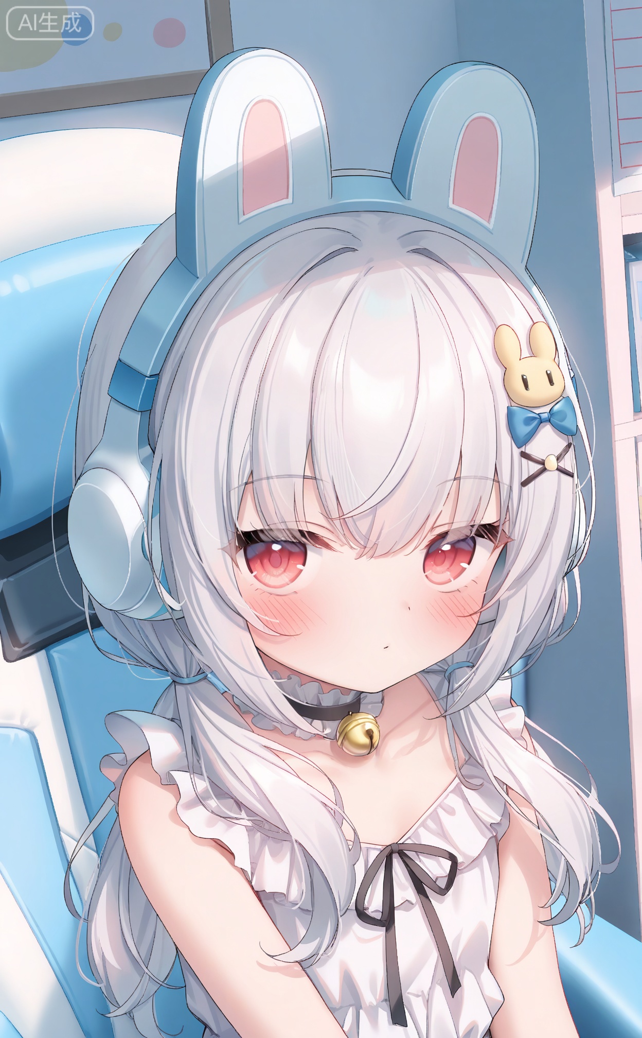 masterpiece,highres,absurdres,newest,best quality,loli,petite,high quality,
//,
 1girl, solo, fake_animal_ears, animal_ear_headphones, headphones, animal_ears, swivel_chair, red_eyes, twintails, long_hair, closed_mouth, bell, low_twintails, hair_bow, looking_at_viewer, hair_ornament, frills, office_chair, blush, white_dress, rabbit_hair_ornament, on_chair, bow, hairclip, white_hair, blue_bow, rabbit_ears, gaming_chair, jingle_bell, sleeveless, choker, chair, sitting, neck_bell, collarbone, hair_over_shoulder, x_hair_ornament, hair_between_eyes, sleeveless_dress, bare_shoulders, dress, black_choker, indoors, frilled_dress, grey_hair, upper_body, mouse_\(computer\), monitor, frilled_choker, bags_under_eyes, white_bow, hair_intakes