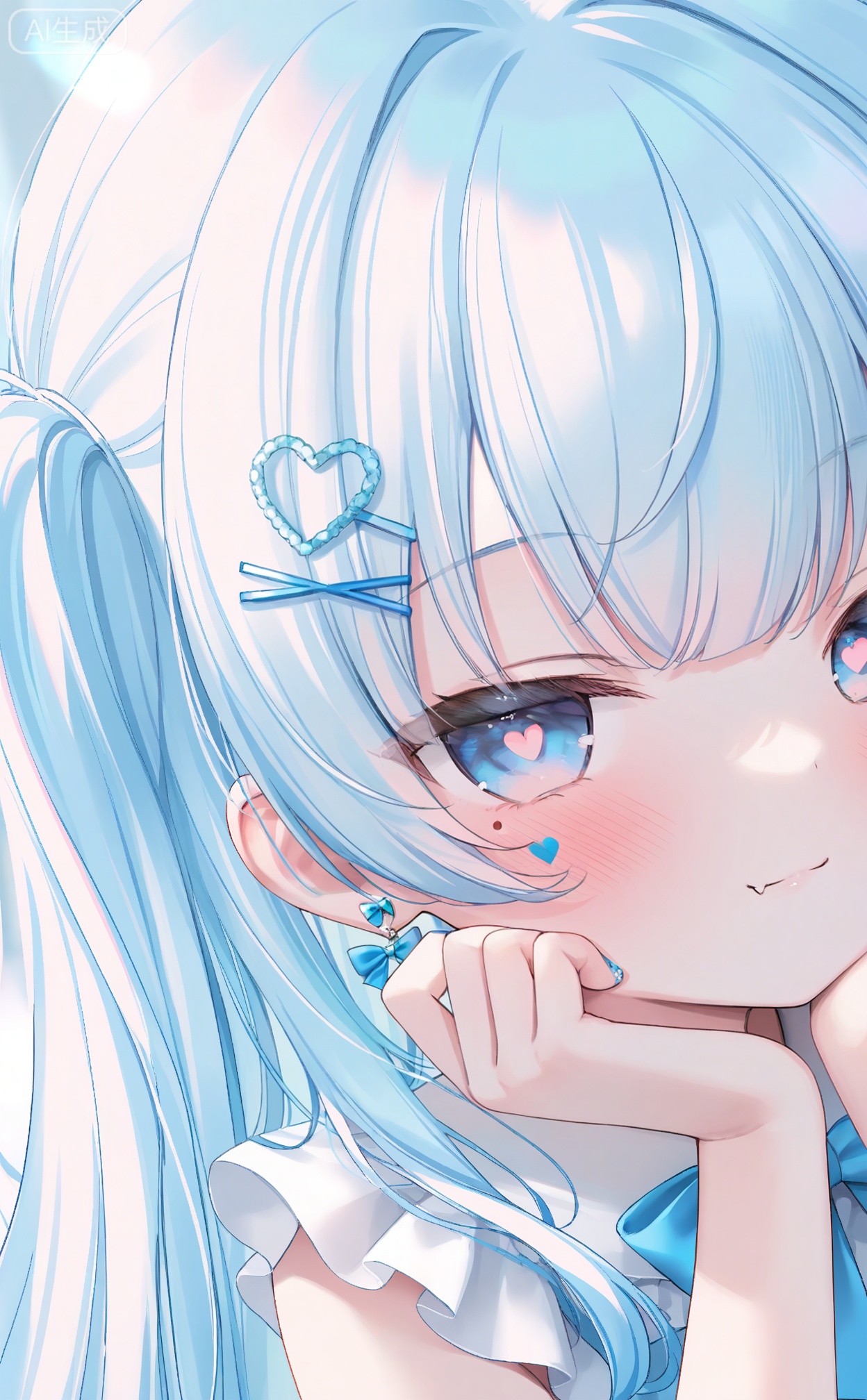 masterpiece,highres,absurdres,newest,best quality,loli,petite,high quality,
//,
1girl, solo, blue eyes, hair ornament, skin fang, looking at viewer, blue hair, hairclip, portrait, nail art, jewelry, blue nails, fang, close-up, sticker on face, hands on own face, earrings, heart, nail polish, closed mouth, hands on own cheeks, bow, smile, heart facial mark, heart hair ornament, twitter username, heart in eye, bow earrings, blue theme, blue bow, hands up, symbol in eye, fang out, x hair ornament, diamond (shape), mole, star facial mark, artist name, mole under eye, eyelashes, blush, multiple hairpins, light blue hair