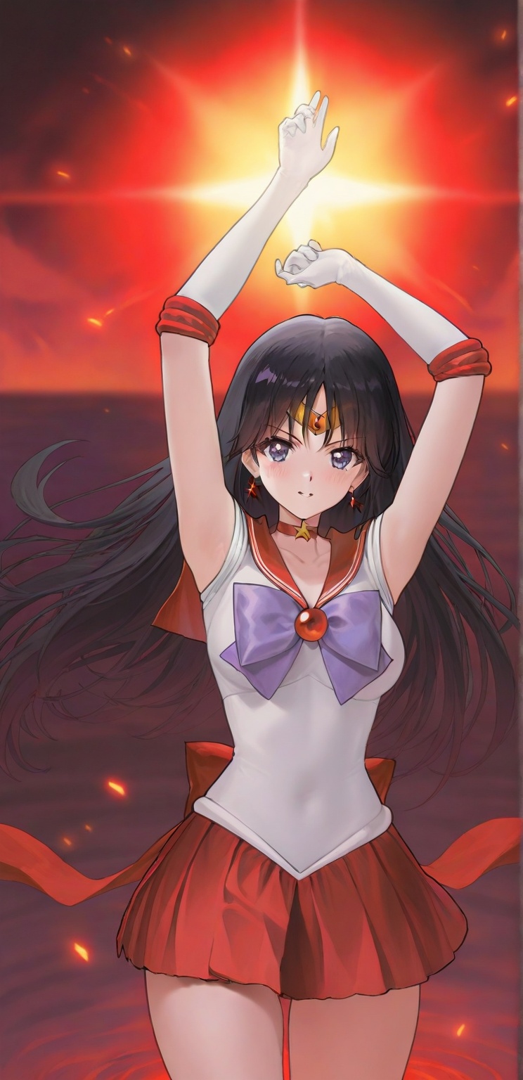 A dynamic action pose captures the essence of a 17-year-old Japanese beauty,  reminiscent of Sailor Mars. The subject's lo...