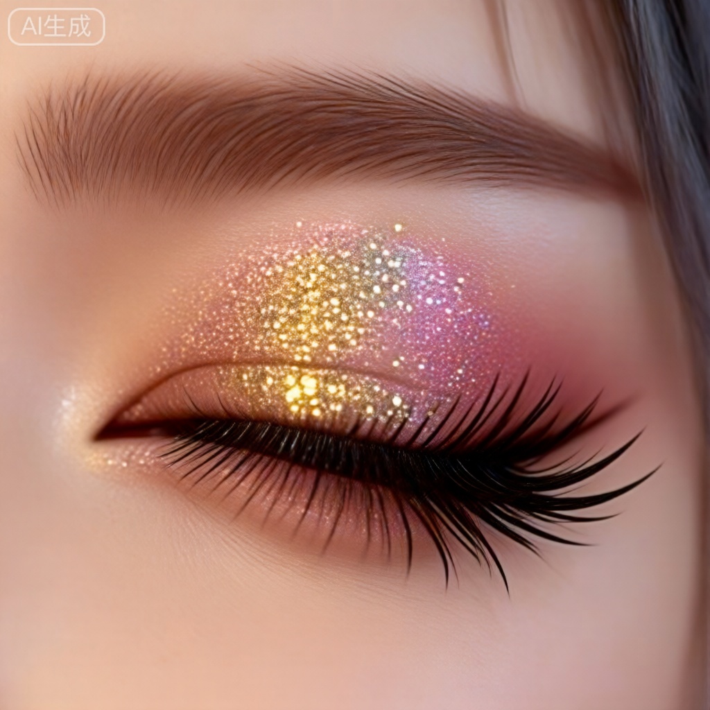 眼妆,
这张照片是一个人的眼睑特写,上面画着细致的化妆品。睫毛又长又整齐,眼影是闪闪发光的金色和粉色渐变。在上眼睑有一个明显的闪光,创造一个闪闪发光的效果。眉毛轮廓分明、饱满,眼周皮肤光滑均匀。背景模糊化,将注意力集中在细节化的妆容和眼妆上。