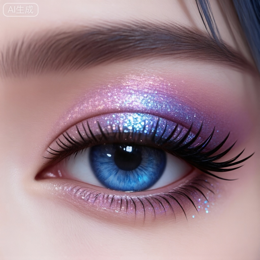 眼妆,眼睛特写,蓝色眼影,浅粉色的眼影,眼影闪烁着微光。