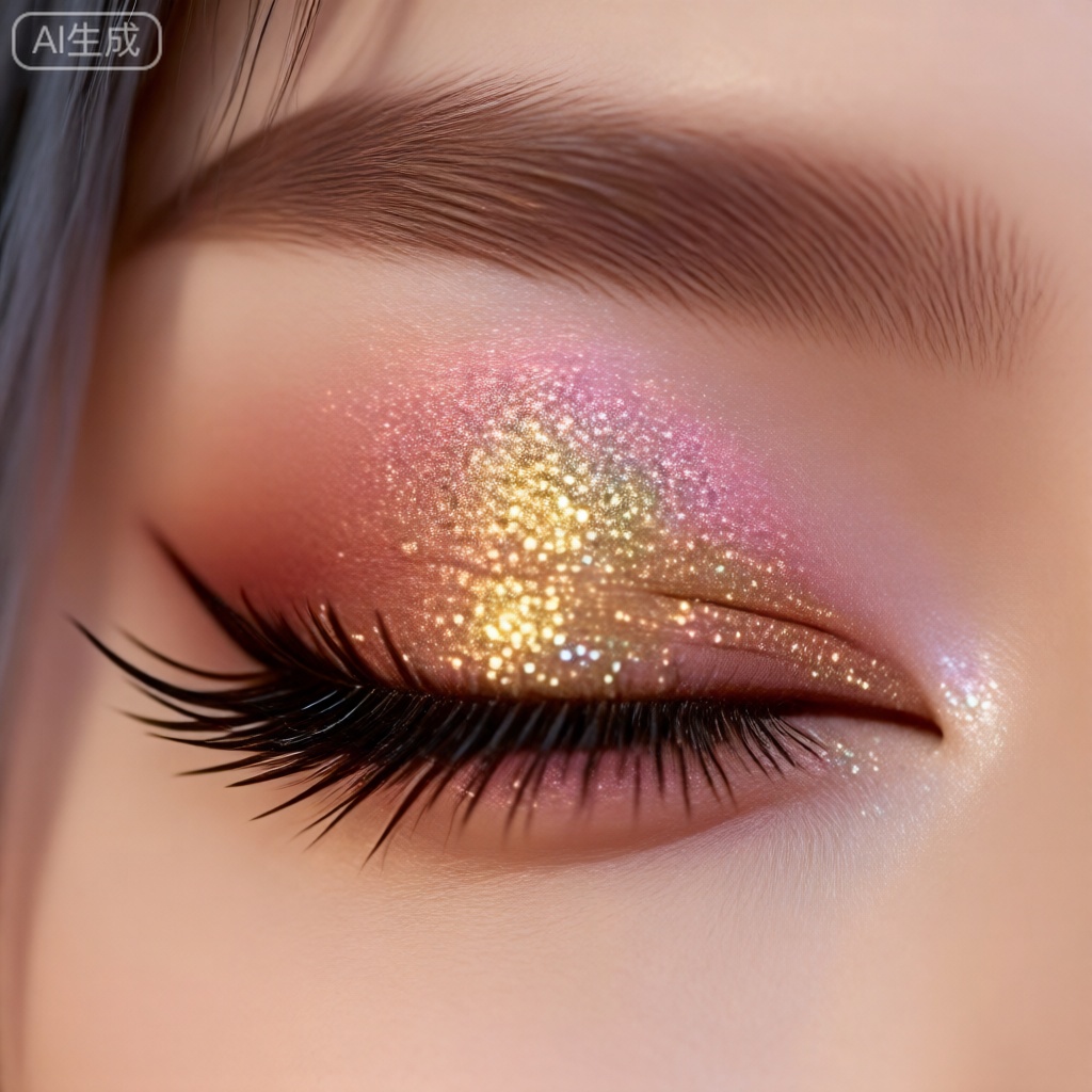 眼妆,闭上眼睛,
这张照片是一个人的眼睑特写,上面画着细致的化妆品。睫毛又长又整齐,眼影是闪闪发光的金色和粉色渐变。在上眼睑有一个明显的闪光,创造一个闪闪发光的效果。眉毛轮廓分明、饱满,眼周皮肤光滑均匀。背景模糊化,将注意力集中在细节化的妆容和眼妆上。