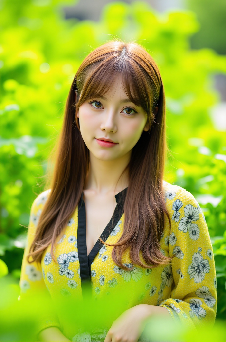 Dòu Bàn Jiàng,  a beautiful young Taiwanese woman standing amidst lush green foliage in bright natural daylight,  wearing...
