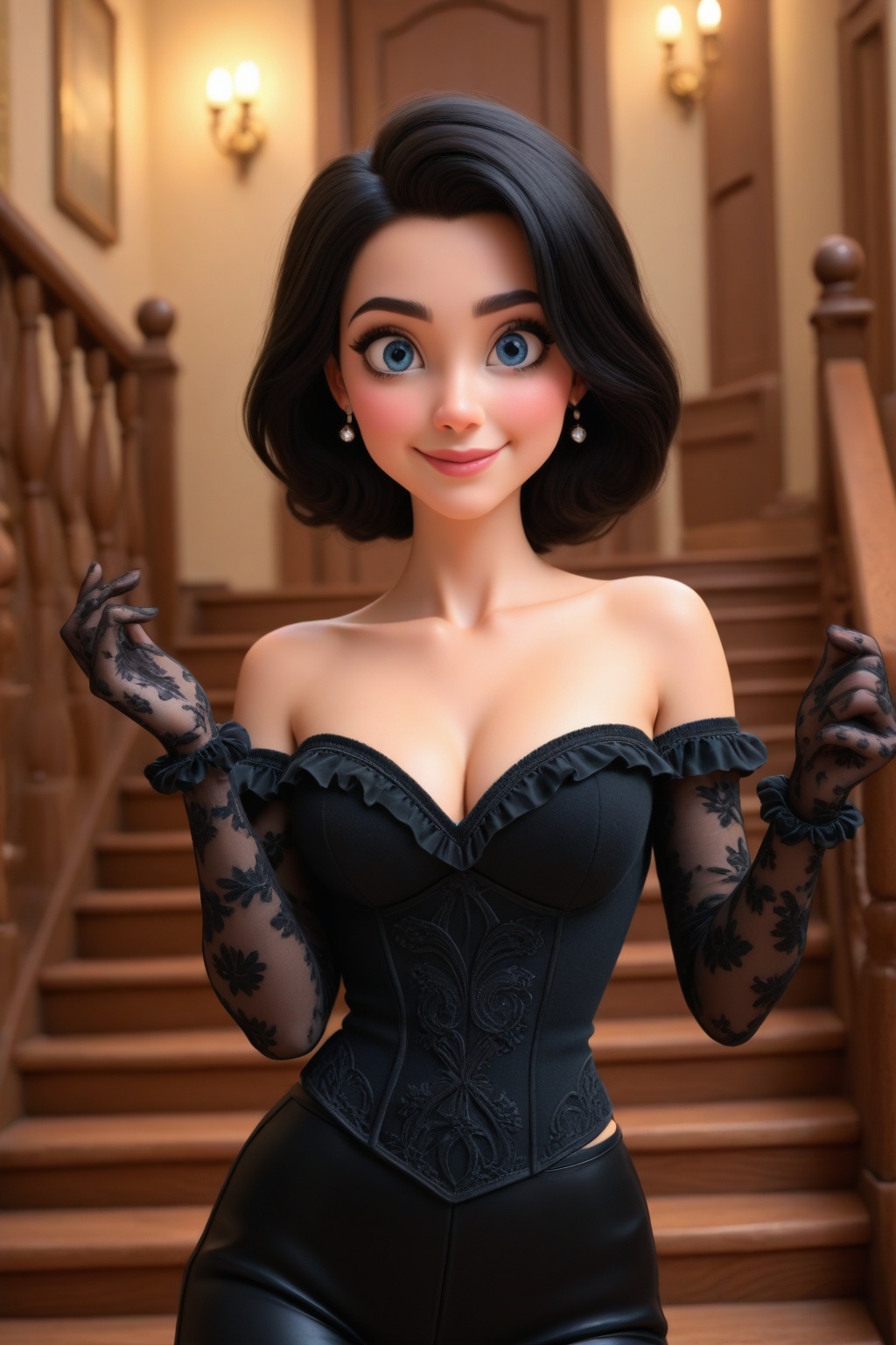 a fantasy image of a stunning woman with flowing black hair and piercing blue eyes,  Selina Kyle from DC comics,  She is d...