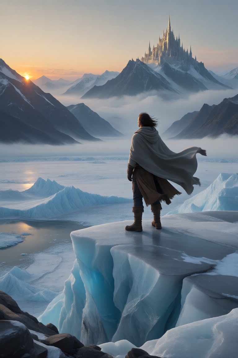 A lone figure stands atop a glacier,  gazing out upon the frozen expanse. The wind howls around them,  whipping their cloa...