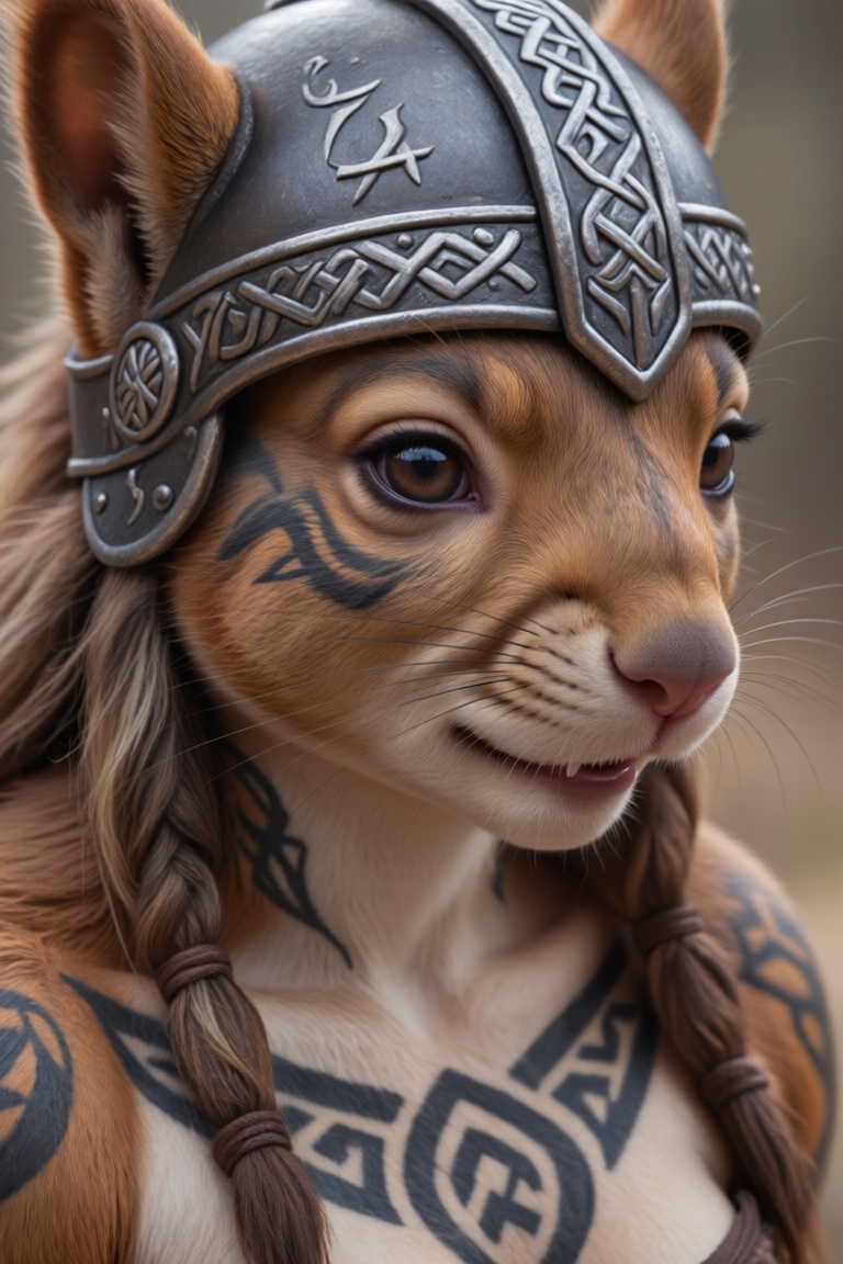 closeup,  portrait photo of an anthro squirrel viking female ,  Nordic knotwork tattoos on Tensor.Art