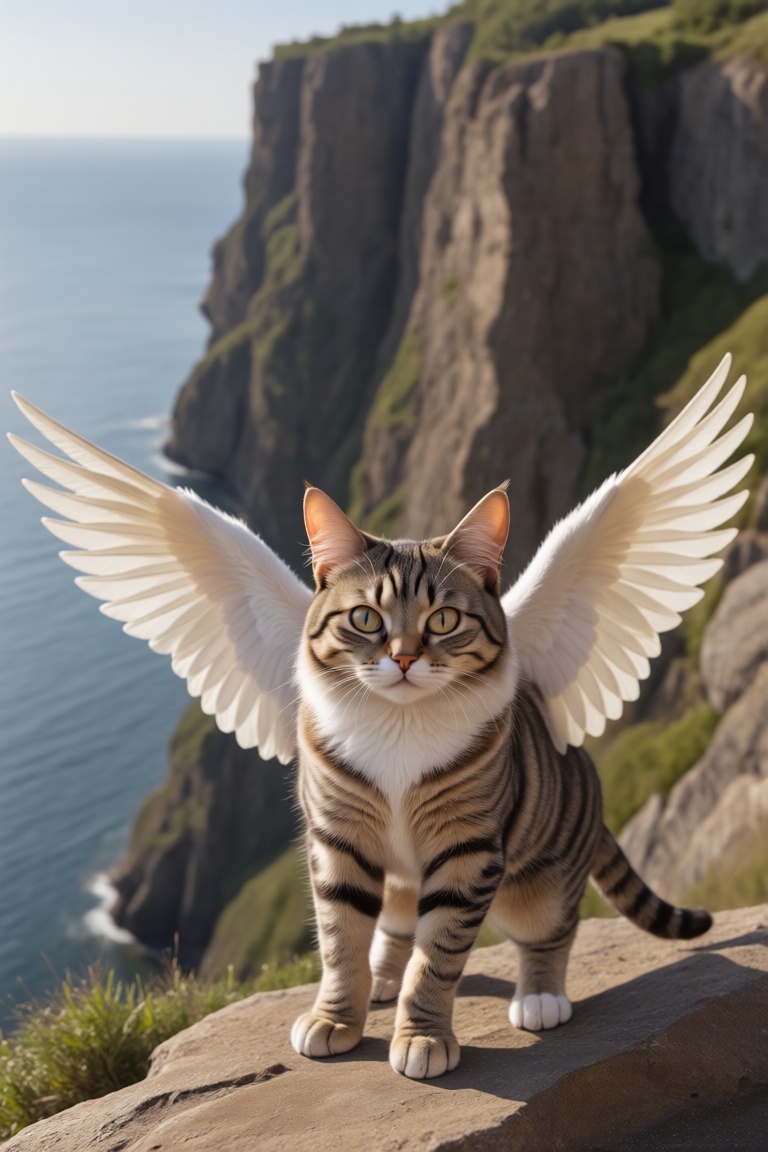 a cat is standing in front of a cliff spreading wings on Tensor.Art