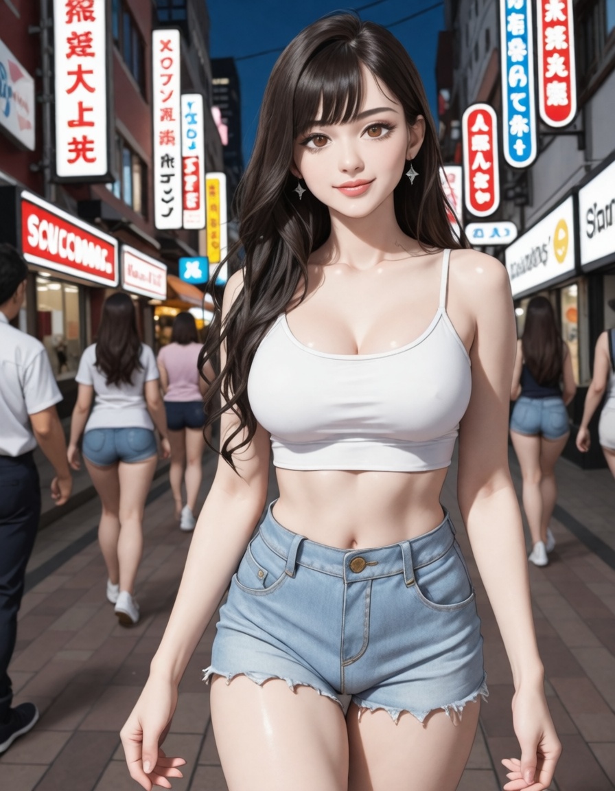 A beautiful 19-year-old Korean girl with long wavy black hair featuring wispy bangs framing her face,  large breasts,  sli...