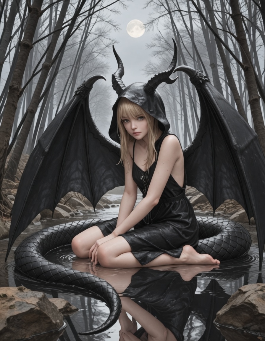 a young woman in her late sits on a weathered rock overlooking turbulent storm clouds that part momentarily to reveal glim...