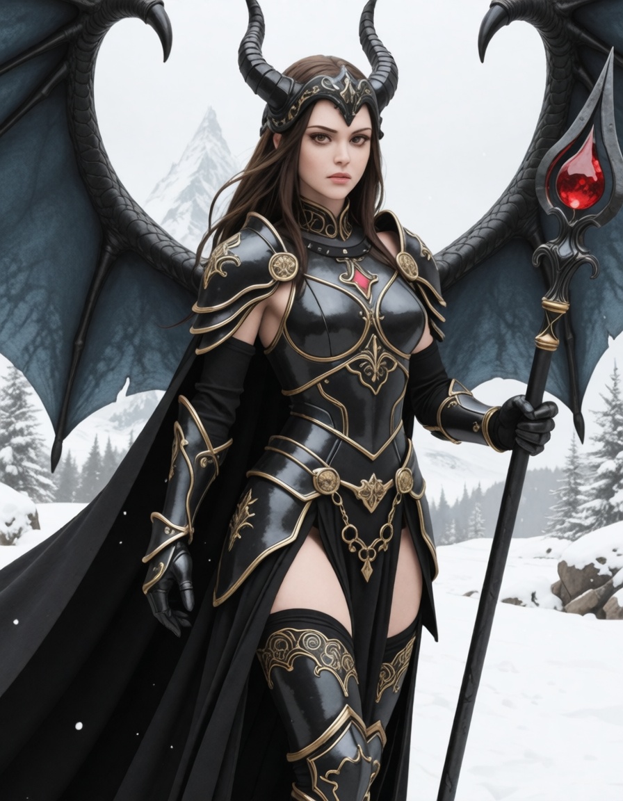 An atmospheric and powerful dark fantasy image,  classical style painting of a beautiful evil female warrior dressed in in...