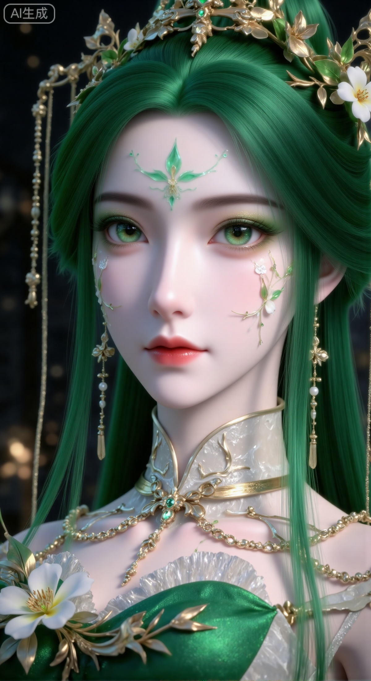  masterpiece, best quality, ultra-detailed, 8K, cinematic close-up portrait of a stunningly beautiful ancient-style fairy with long, thick emerald green wavy hair. Her hair is adorned with intricate golden hairpins, small white flowers, and dangling beaded chains. Her eyes are expressive, her lips are slightly parted, and a delicate green huadian marks her forehead. She is wearing a magnificent green hanfu with three-dimensional white flower and golden leaf embellishments on the collar and shoulders. A exquisite necklace adorns her neck. The background is a blurred, dark-toned play of light and shadow, perfectly framing the subject. The overall atmosphere is elegant, dreamy, and ethereal. Color palette dominated by jade green, gold, and white, emphasizing the luxurious texture of the attire and hair ornaments. 