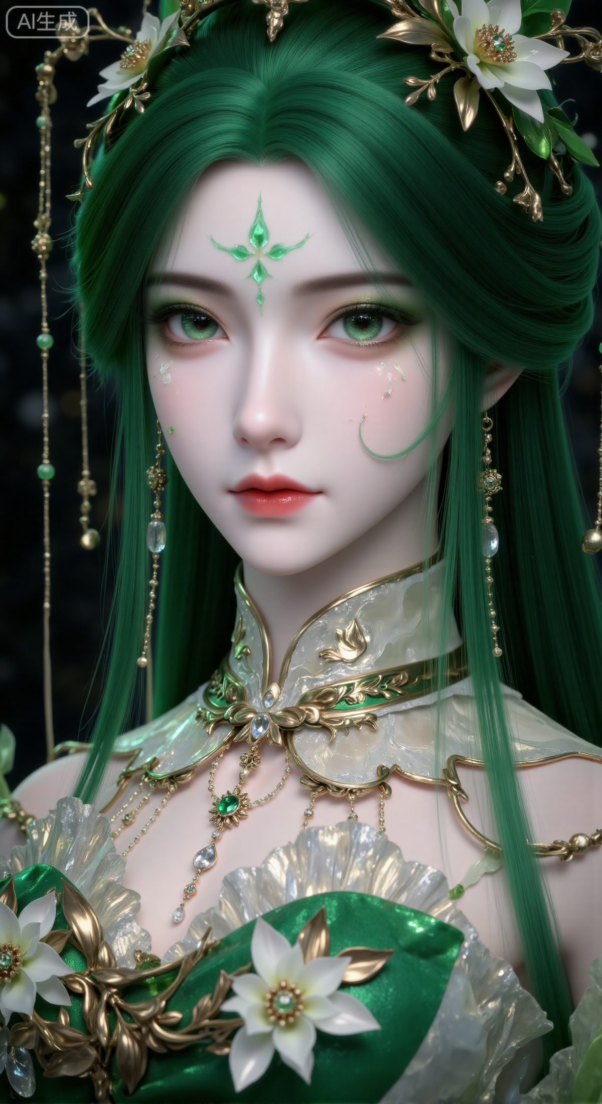  masterpiece, best quality, ultra-detailed, 8K, cinematic close-up portrait of a stunningly beautiful ancient-style fairy with long, thick emerald green wavy hair. Her hair is adorned with intricate golden hairpins, small white flowers, and dangling beaded chains. Her eyes are expressive, her lips are slightly parted, and a delicate green huadian marks her forehead. She is wearing a magnificent green hanfu with three-dimensional white flower and golden leaf embellishments on the collar and shoulders. A exquisite necklace adorns her neck. The background is a blurred, dark-toned play of light and shadow, perfectly framing the subject. The overall atmosphere is elegant, dreamy, and ethereal. Color palette dominated by jade green, gold, and white, emphasizing the luxurious texture of the attire and hair ornaments. 