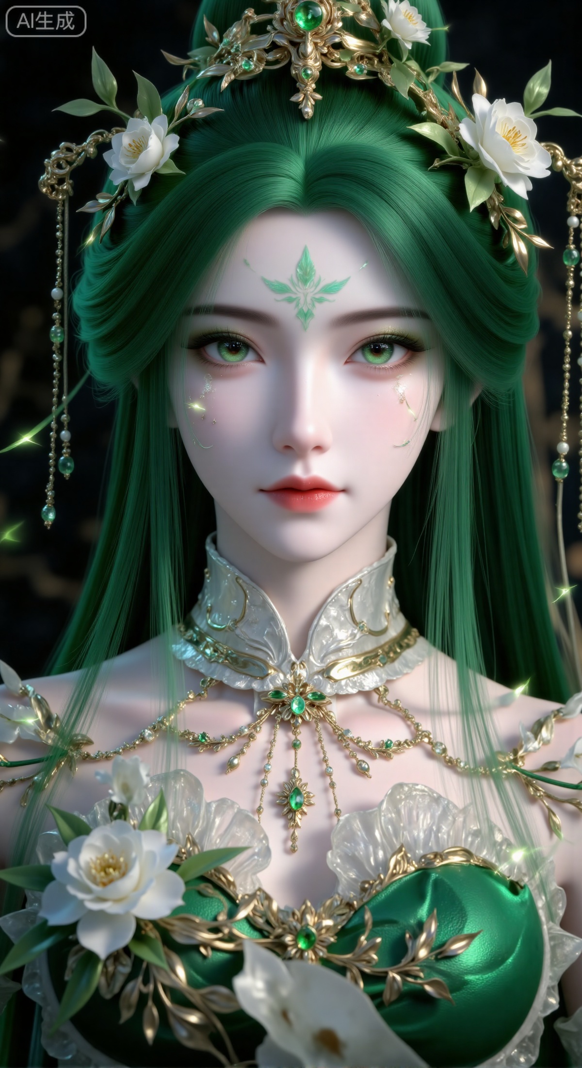 masterpiece, best quality, ultra-detailed, 8K, cinematic close-up portrait of a stunningly beautiful ancient-style fairy with long, thick emerald green wavy hair. Her hair is adorned with intricate golden hairpins, small white flowers, and dangling beaded chains. Her eyes are expressive, her lips are slightly parted, and a delicate green huadian marks her forehead. She is wearing a magnificent green hanfu with three-dimensional white flower and golden leaf embellishments on the collar and shoulders. A exquisite necklace adorns her neck. The background is a blurred, dark-toned play of light and shadow, perfectly framing the subject. The overall atmosphere is elegant, dreamy, and ethereal. Color palette dominated by jade green, gold, and white, emphasizing the luxurious texture of the attire and hair ornaments. 