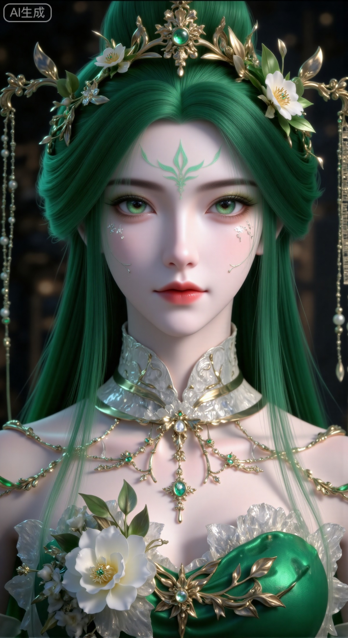  masterpiece, best quality, ultra-detailed, 8K, cinematic close-up portrait of a stunningly beautiful ancient-style fairy with long, thick emerald green wavy hair. Her hair is adorned with intricate golden hairpins, small white flowers, and dangling beaded chains. Her eyes are expressive, her lips are slightly parted, and a delicate green huadian marks her forehead. She is wearing a magnificent green hanfu with three-dimensional white flower and golden leaf embellishments on the collar and shoulders. A exquisite necklace adorns her neck. The background is a blurred, dark-toned play of light and shadow, perfectly framing the subject. The overall atmosphere is elegant, dreamy, and ethereal. Color palette dominated by jade green, gold, and white, emphasizing the luxurious texture of the attire and hair ornaments. 