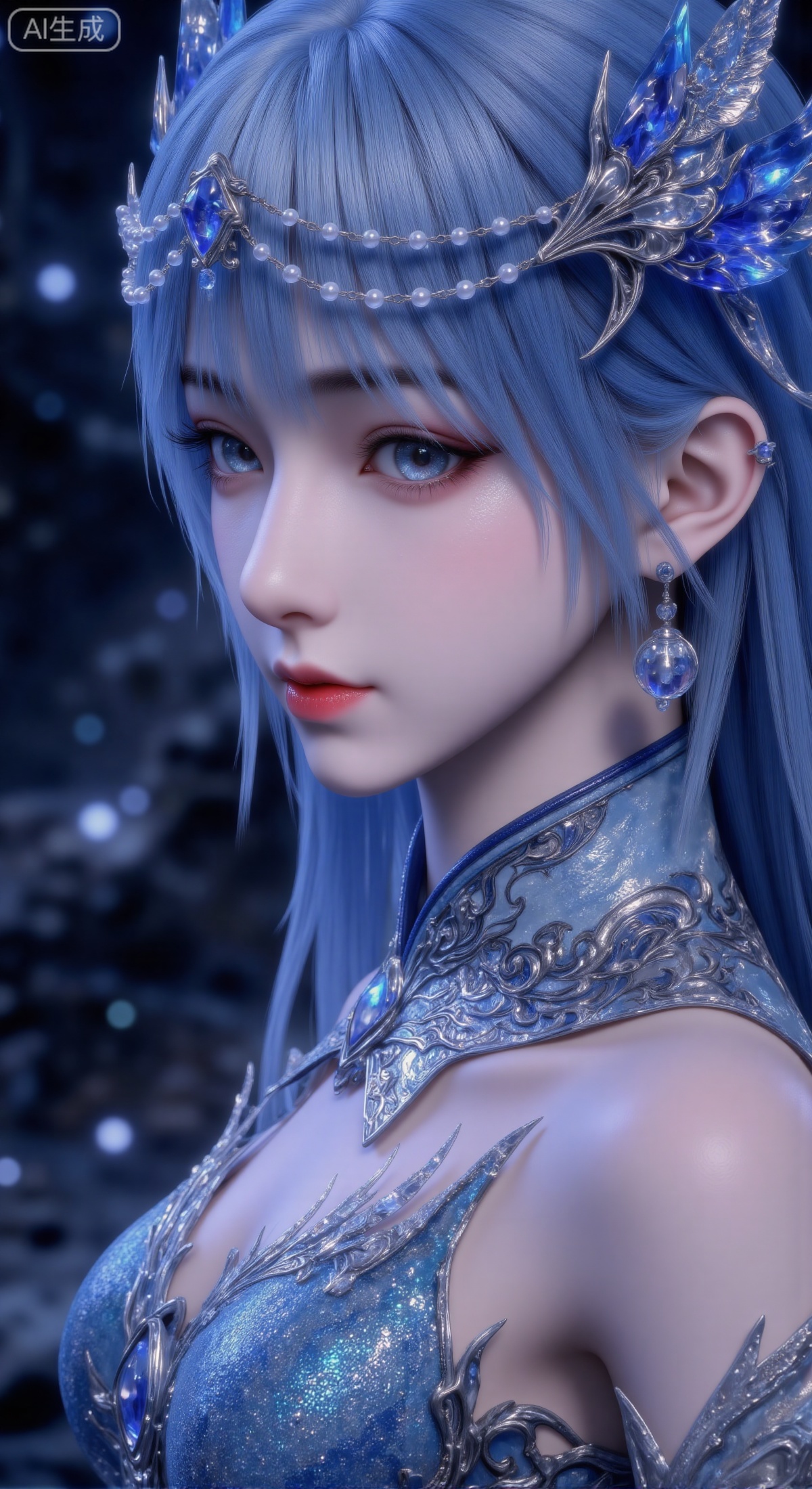 masterpiece, best quality, ultra-detailed, 8K, cinematic close-up portrait of a coldly beautiful and mysterious Eastern woman with long, thick light blue wavy hair. She wears an extremely ornate silver-white headdress, intricately crafted from large pearls, sapphires, crystals, and metallic vines. She has fair skin, slender eyebrows, clear sapphire blue eyes with long eyelashes, and vibrant red lips. She is dressed in deep blue attire with unique three-dimensional shoulder armor adorned with exquisite embroidery. The background is a blurred, dark-toned night scene with soft bokeh light spots, making the subject stand out. The overall atmosphere is noble, cold, and mysterious. Color scheme is dominated by blue, silver, and white, emphasizing the texture and luster of the jewels. 