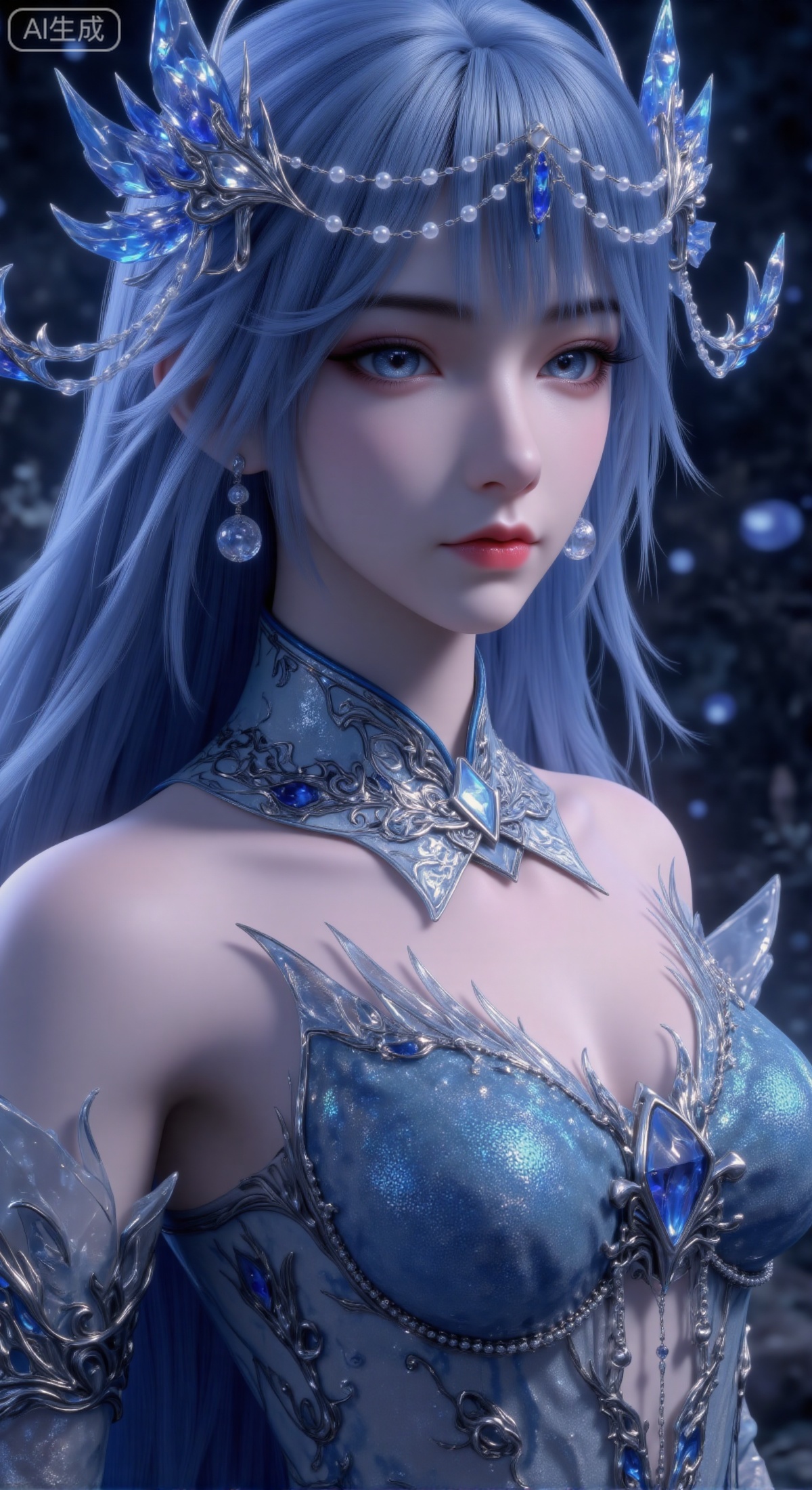  masterpiece, best quality, ultra-detailed, 8K, cinematic close-up portrait of a coldly beautiful and mysterious Eastern woman with long, thick light blue wavy hair. She wears an extremely ornate silver-white headdress, intricately crafted from large pearls, sapphires, crystals, and metallic vines. She has fair skin, slender eyebrows, clear sapphire blue eyes with long eyelashes, and vibrant red lips. She is dressed in deep blue attire with unique three-dimensional shoulder armor adorned with exquisite embroidery. The background is a blurred, dark-toned night scene with soft bokeh light spots, making the subject stand out. The overall atmosphere is noble, cold, and mysterious. Color scheme is dominated by blue, silver, and white, emphasizing the texture and luster of the jewels. 