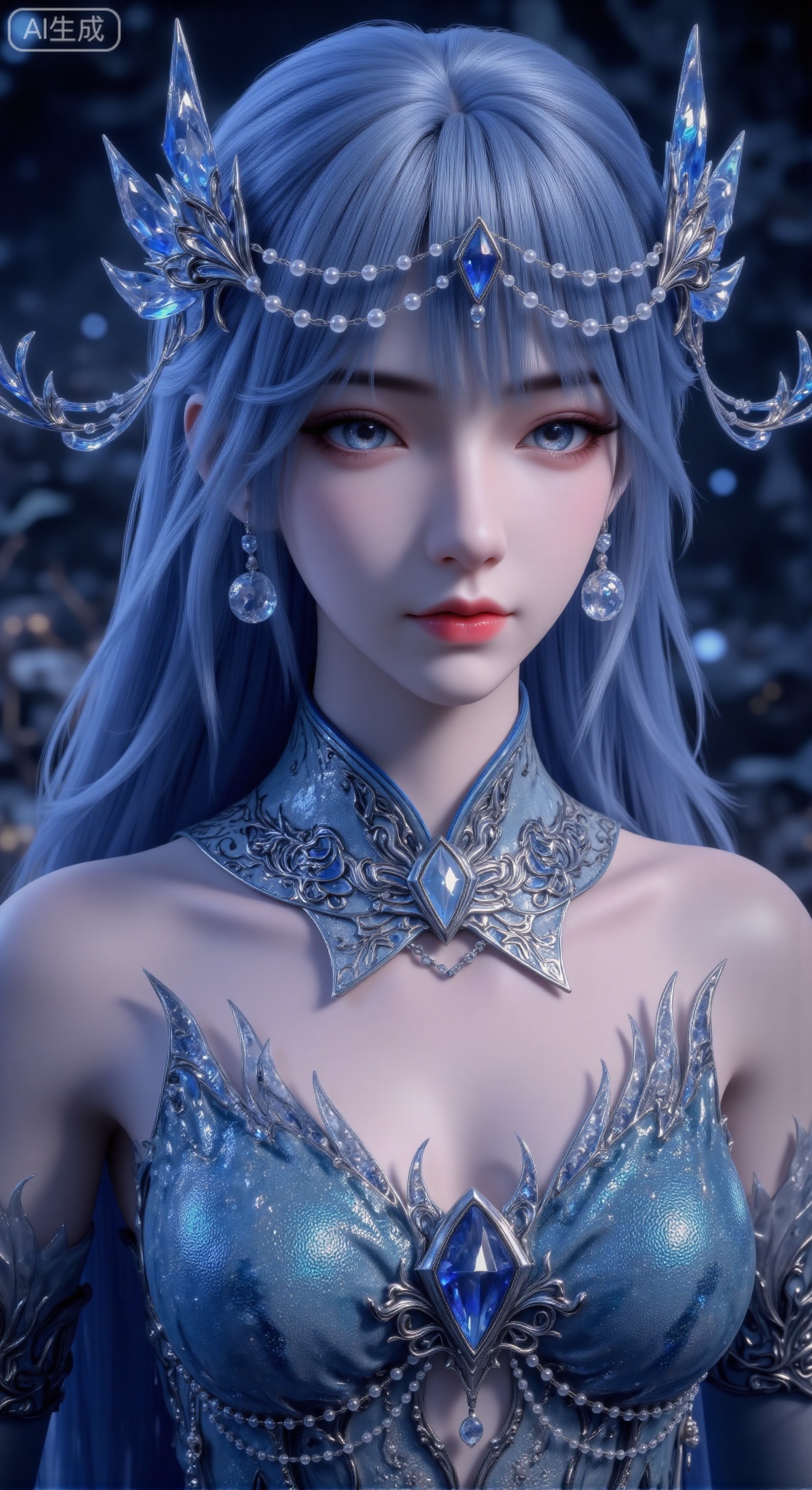  masterpiece, best quality, ultra-detailed, 8K, cinematic close-up portrait of a coldly beautiful and mysterious Eastern woman with long, thick light blue wavy hair. She wears an extremely ornate silver-white headdress, intricately crafted from large pearls, sapphires, crystals, and metallic vines. She has fair skin, slender eyebrows, clear sapphire blue eyes with long eyelashes, and vibrant red lips. She is dressed in deep blue attire with unique three-dimensional shoulder armor adorned with exquisite embroidery. The background is a blurred, dark-toned night scene with soft bokeh light spots, making the subject stand out. The overall atmosphere is noble, cold, and mysterious. Color scheme is dominated by blue, silver, and white, emphasizing the texture and luster of the jewels. 