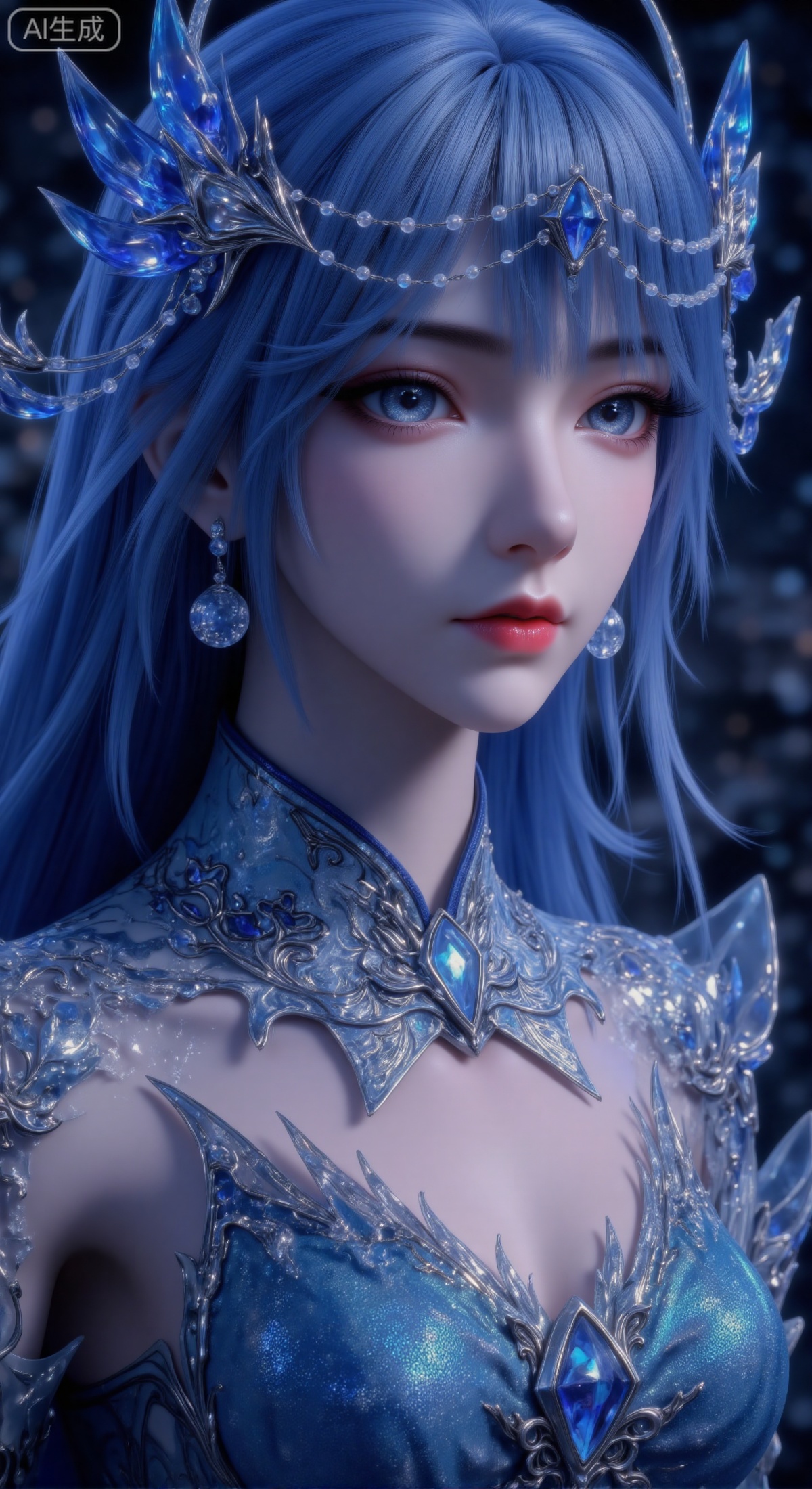  masterpiece, best quality, ultra-detailed, 8K, cinematic close-up portrait of a coldly beautiful and mysterious Eastern woman with long, thick light blue wavy hair. She wears an extremely ornate silver-white headdress, intricately crafted from large pearls, sapphires, crystals, and metallic vines. She has fair skin, slender eyebrows, clear sapphire blue eyes with long eyelashes, and vibrant red lips. She is dressed in deep blue attire with unique three-dimensional shoulder armor adorned with exquisite embroidery. The background is a blurred, dark-toned night scene with soft bokeh light spots, making the subject stand out. The overall atmosphere is noble, cold, and mysterious. Color scheme is dominated by blue, silver, and white, emphasizing the texture and luster of the jewels. 
