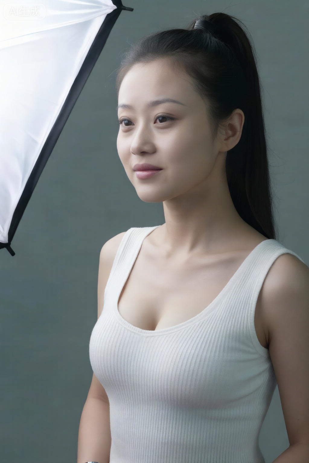 半身肖像特写,冷白皮清瘦女孩,高马尾发型,侧45度角拍摄展现完美下颌线条和锁骨曲线,眼神冷淡凝视远方表情疏离嘴唇微抿,穿着极简主义白色无袖针织衫领口微微下滑露出精致锁骨,使用Canon EOS R5相机RF 85mm f/1.2L USM镜头,光圈f/1.8快门1/200s ISO 100焦距85mm曝光补偿+0.3EV,单光源柔光箱从左前方45度角照射配合反光板补右侧阴影,清冷文艺氛围皮肤呈现瓷质般细腻质感毛孔几乎不可见肤色偏冷调整体色调偏青蓝背景简洁干净器材不得出现在背景中