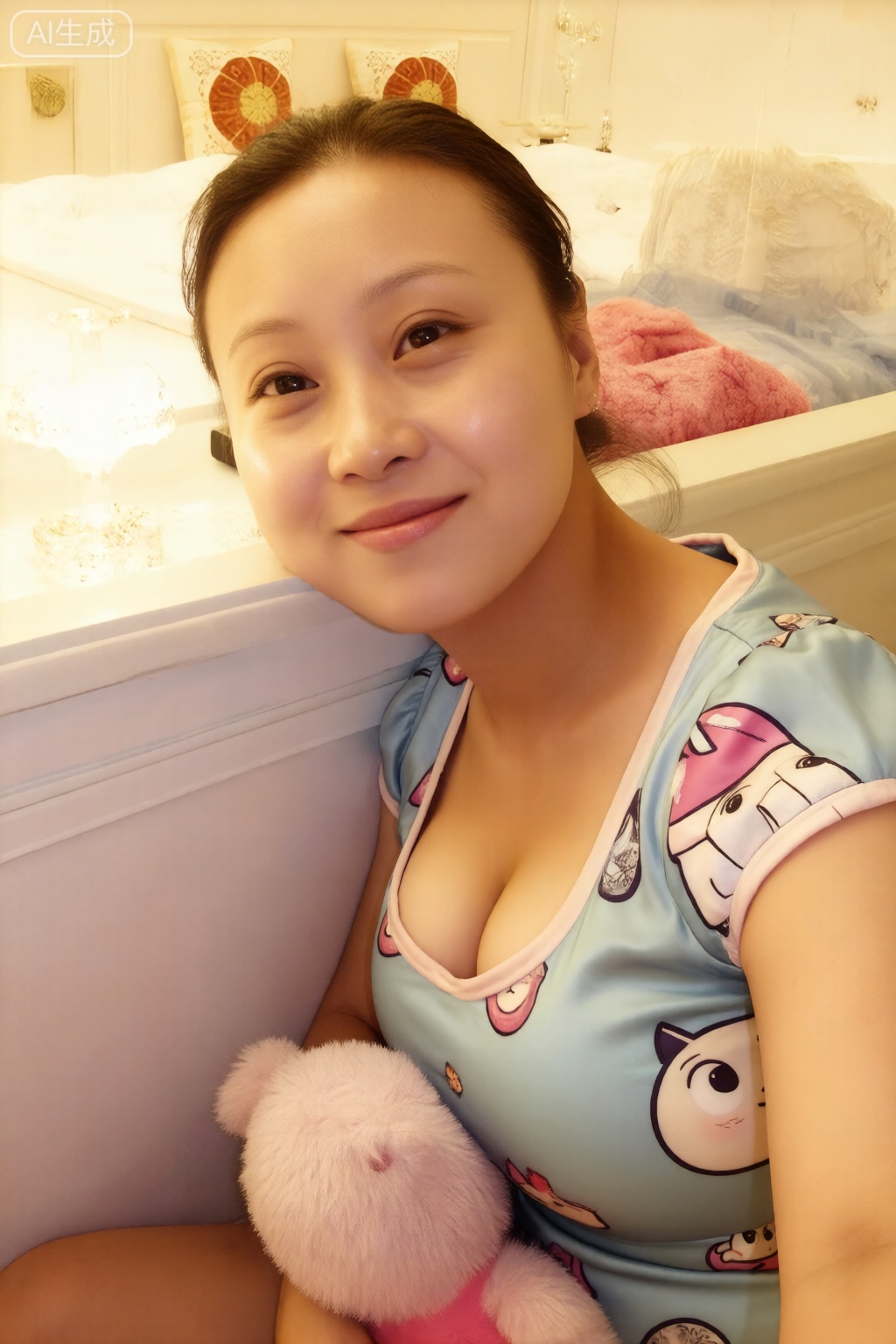 女生上半身自拍特写,场景为居家卧室床边,床头小灯发出柔和暖光,背景有叠好的被子和抱枕；侧分短发略显凌乱,发尾微翘显俏皮,身穿卡通图案睡衣；半坐姿势靠在床头,眼神天真无邪,嘴角上扬露甜美笑容,手抱毛绒玩具；面部细节清晰可爱,肌肤白皙细腻,睡衣图案生动有趣；自拍角度稍仰,画面暖色调明显,光线柔和温馨,整体感觉纯真可爱。