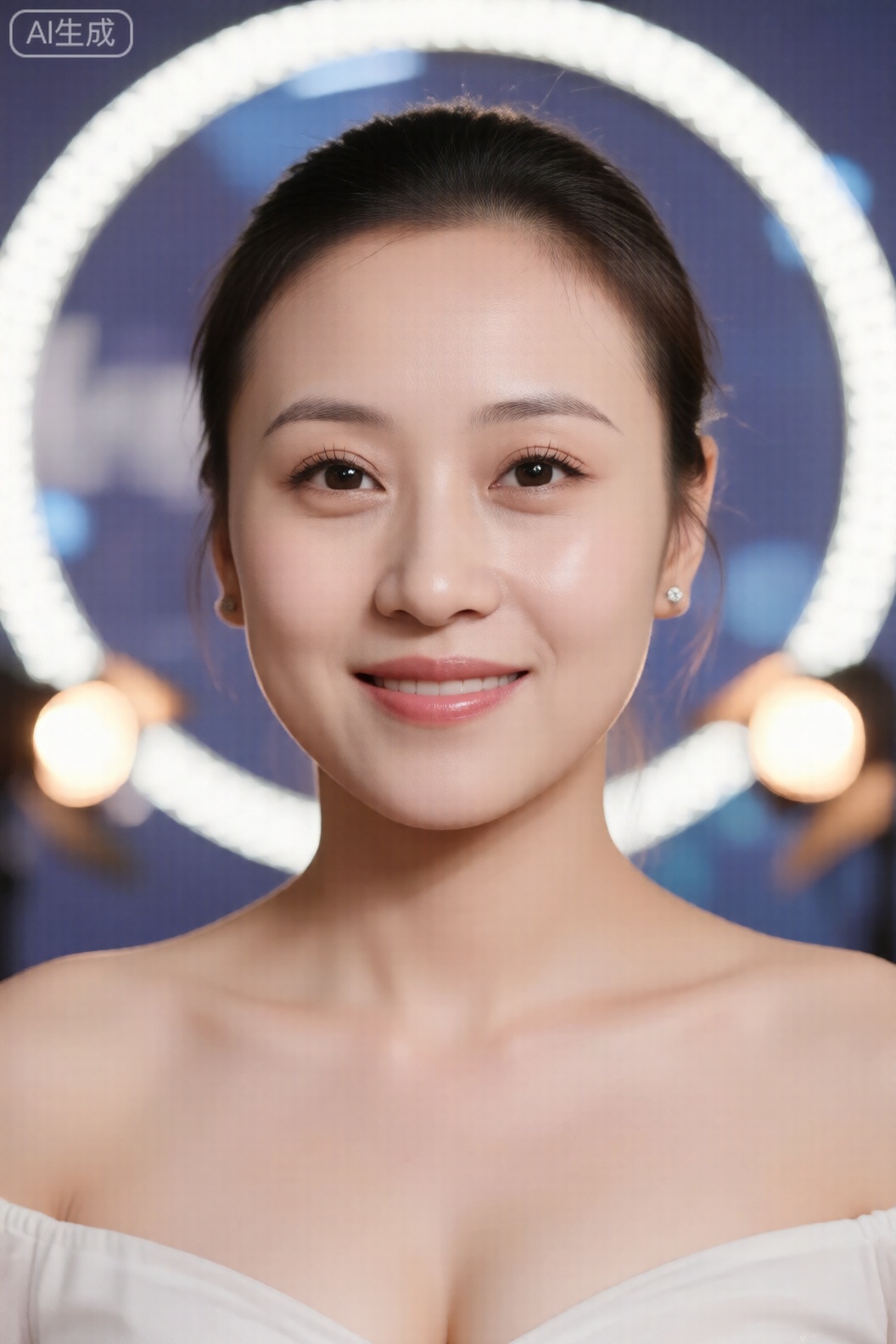 拍摄器材：佳能EOS R6 Mark II,50mm F1.2 镜头参数设置：f/1.8 光圈,ISO 80,1/250s 快门布光方案：双灯环形柔光箱布光,主灯位于正前方45° 高位,补灯在侧下方30°,消除面部阴影,光线覆盖从发顶到锁骨人物姿态：正面朝向镜头,头部自然垂直,嘴角微扬呈微笑状,双眼直视镜头显灵动,肩膀放松平行画面效果：近景清晰呈现完整面部轮廓,肌肤通透细腻,睫毛根根分明,无暗角无裁切,面部光影均匀