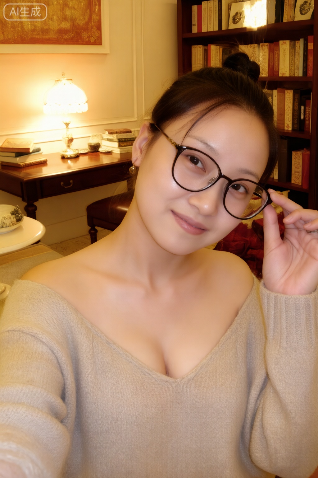 女生上半身自拍特写,场景为居家书房,书桌台灯发出温暖黄光营造氛围,背景有半满的书架；低丸子头略显松散,几缕发丝自然垂落脸颊,身穿米色针织毛衣露出精致锁骨；肩膀微耸显娇俏,眼神温柔看向镜头,嘴角自然上扬带浅浅梨涡,手轻扶眼镜框显知性；面部细节清晰,肌肤通透有光泽,毛衣纹理质感明显；自拍角度稍俯,画面有轻微颗粒感,暖色调主导,柔和光影过渡自然,整体氛围温馨舒适。