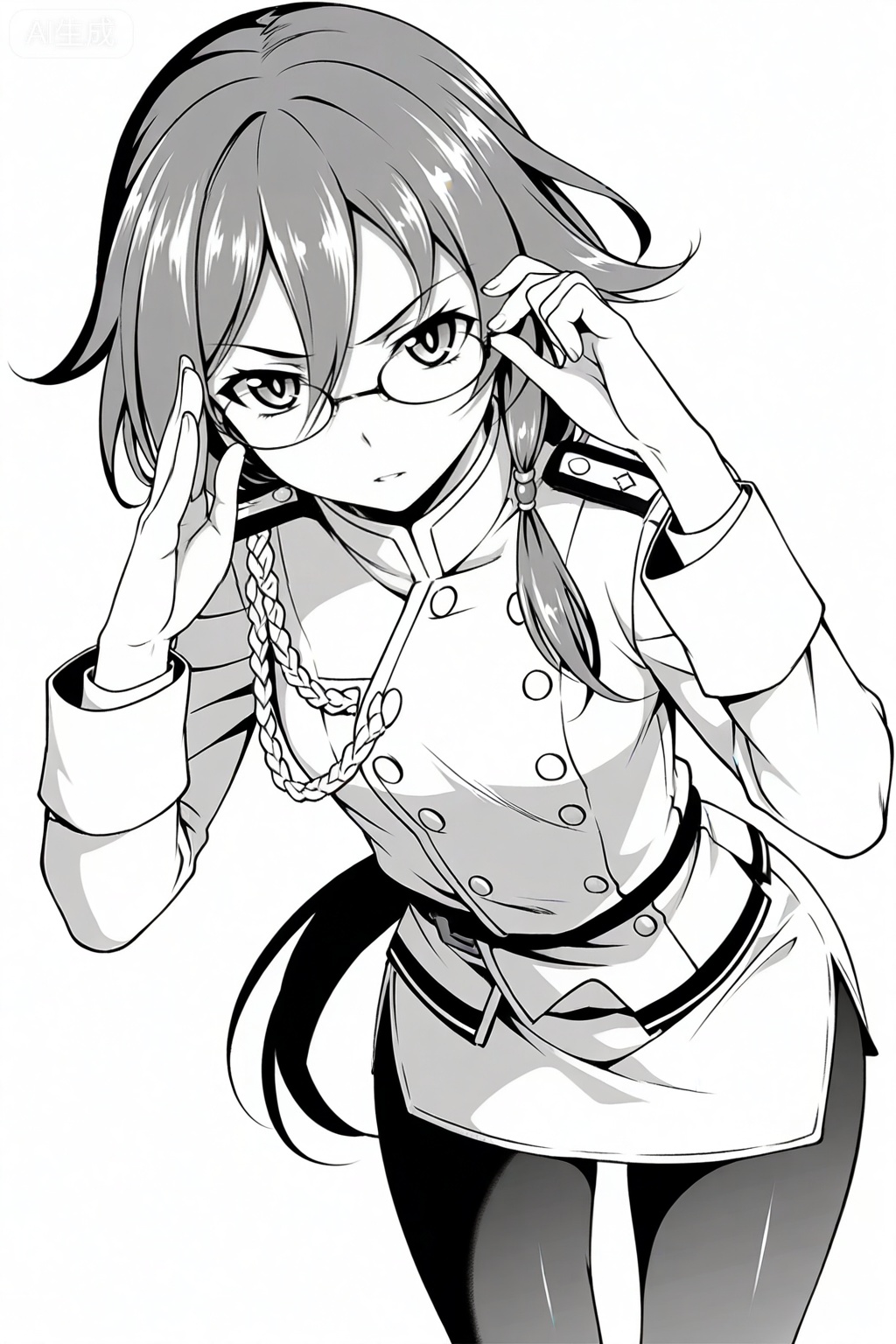 masterpiece, best quality,solo,((white background:1.2)),simple background,, 
looking at viewer,monochrome,greyscale,manga_style,fu hua
uniform, bangs, hair between eyes, fu hua, pantyhose, military, military uniform, female admiral \(kancolle\), adjusting eyewear