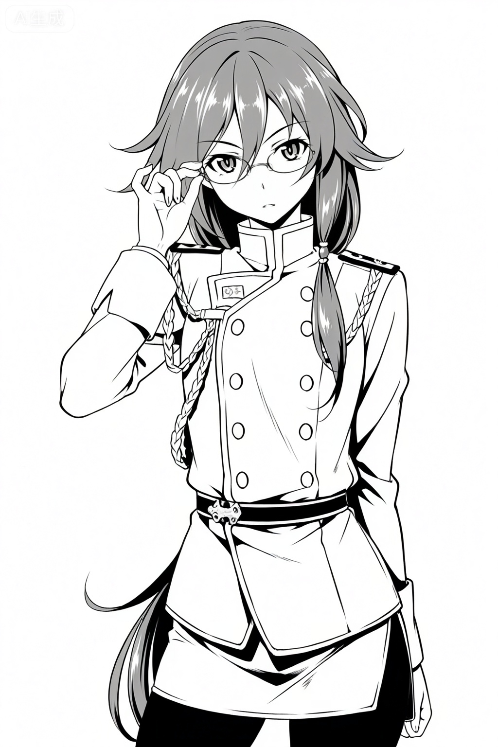 masterpiece, best quality,solo,((white background:1.2)),simple background,, 
looking at viewer,monochrome,greyscale,manga_style,fu hua
uniform, bangs, hair between eyes, fu hua, pantyhose, military, military uniform, female admiral \(kancolle\), adjusting eyewear
