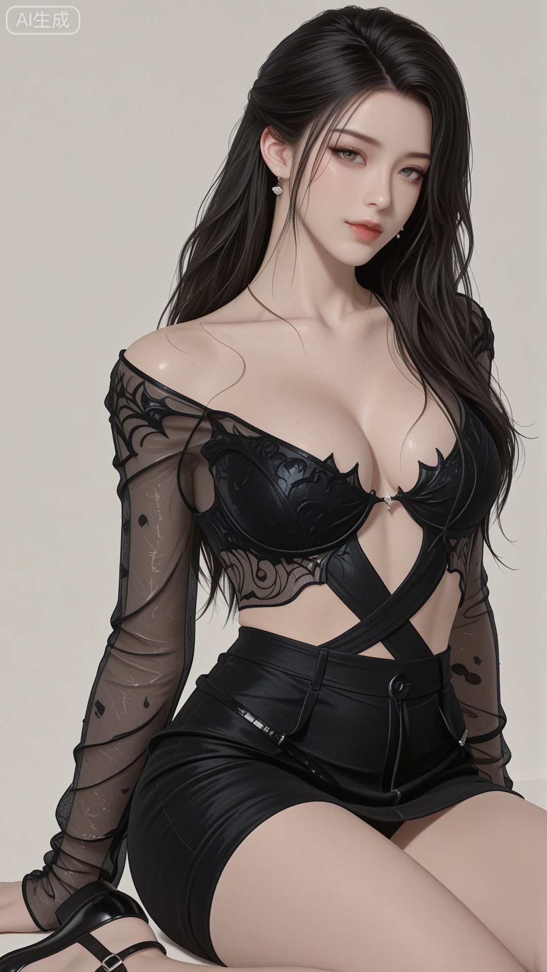 MZ clothes, undressed, solo, exquisite skin, sitting, shoes, cowboy_shot, looking at viewer, even illumination, very awa, simple background,