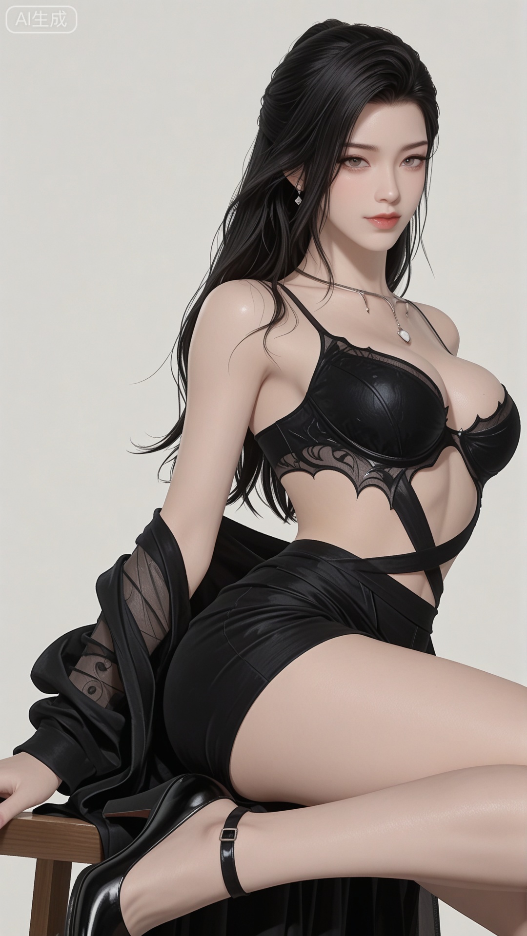 MZ clothes, **********, solo, exquisite skin, sitting, shoes, cowboy_shot, looking at viewer, even illumination, very awa, simple background,