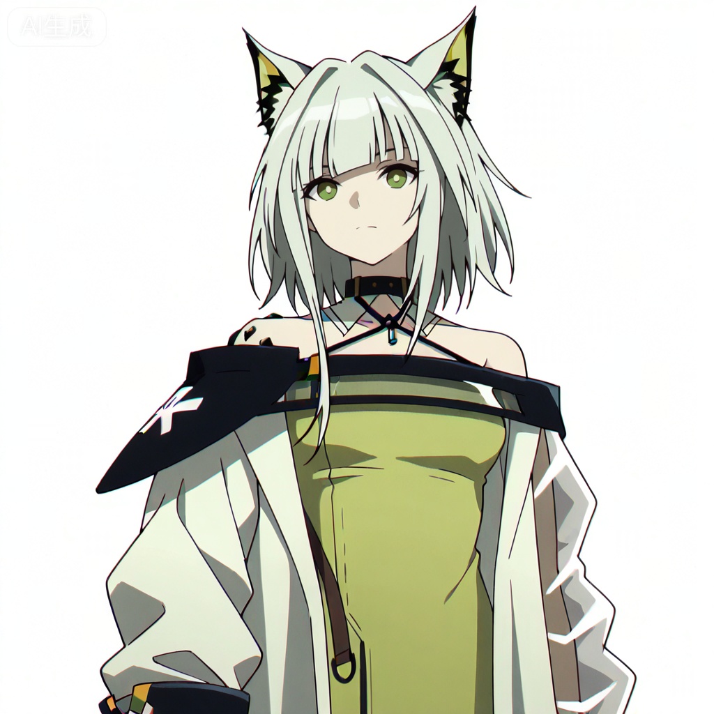 masterpiece, best quality,solo,white background,simple_background,kal'tsit (arknights),ANIME_STYLE,animal ear fluff,Animal ears,short hair,blunt bangs,sidelocks,bangs,green eyes,green hair,cat ears,oripathy lesion \(arknights\),boots,long sleeves,jewelry,off shoulder,bare shoulders,coat,see-through,halterneck,brown footwear,green dress,watch,off-shoulder dress,wristwatch