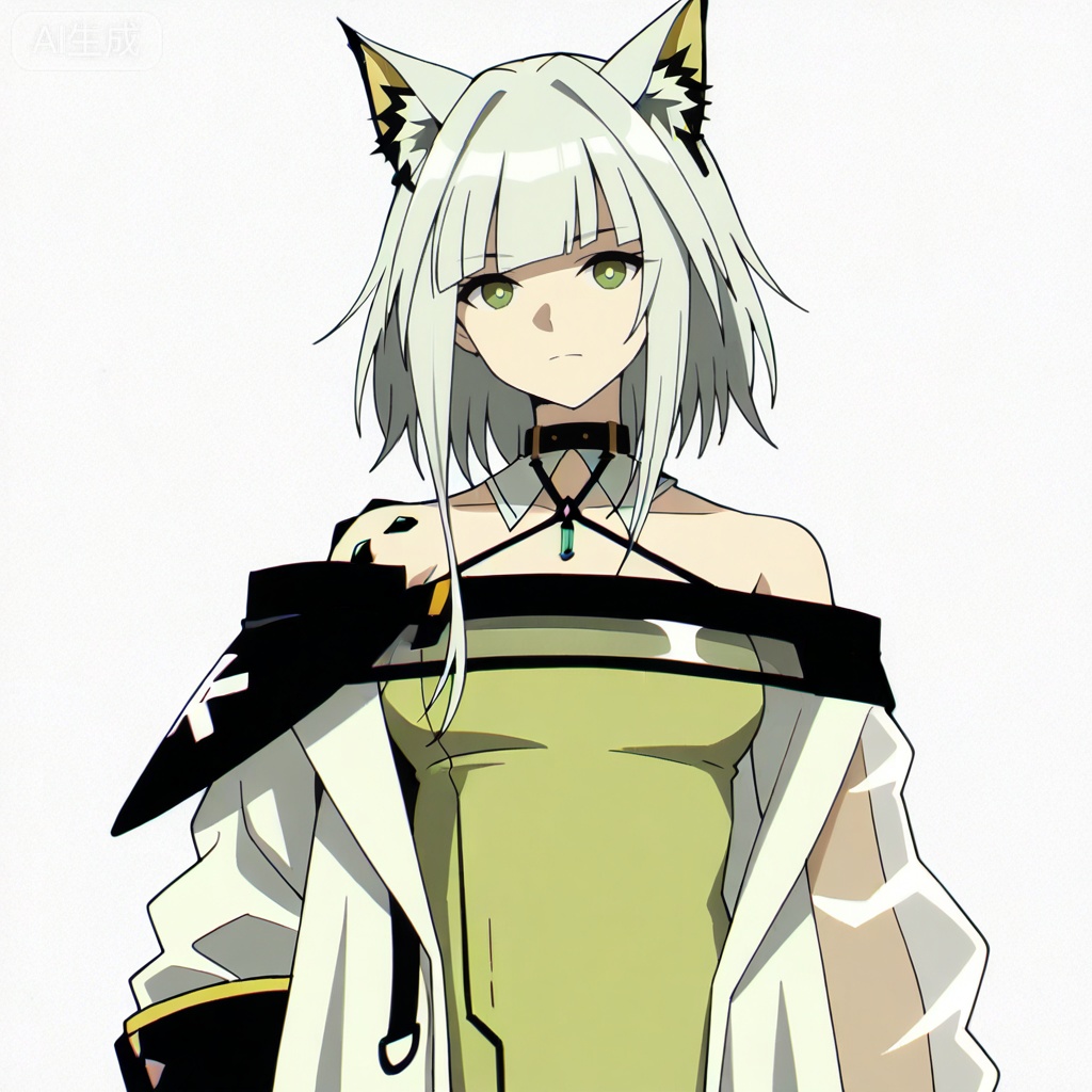 masterpiece, best quality,solo,white background,simple_background,kal'tsit (arknights),ANIME_STYLE,animal ear fluff,Animal ears,short hair,blunt bangs,sidelocks,bangs,green eyes,green hair,cat ears,oripathy lesion \(arknights\),boots,long sleeves,jewelry,off shoulder,bare shoulders,coat,see-through,halterneck,brown footwear,green dress,watch,off-shoulder dress,wristwatch