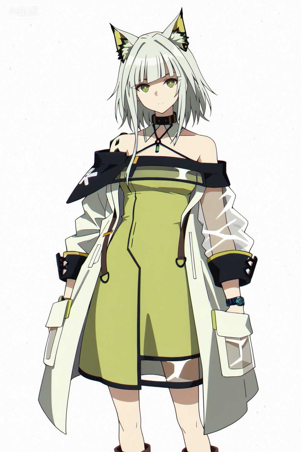masterpiece, best quality,solo,white background,simple_background,kal'tsit (arknights),ANIME_STYLE,animal ear fluff,Animal ears,short hair,blunt bangs,sidelocks,bangs,green eyes,green hair,cat ears,oripathy lesion \(arknights\),boots,long sleeves,jewelry,off shoulder,bare shoulders,coat,see-through,halterneck,brown footwear,green dress,watch,off-shoulder dress,wristwatch