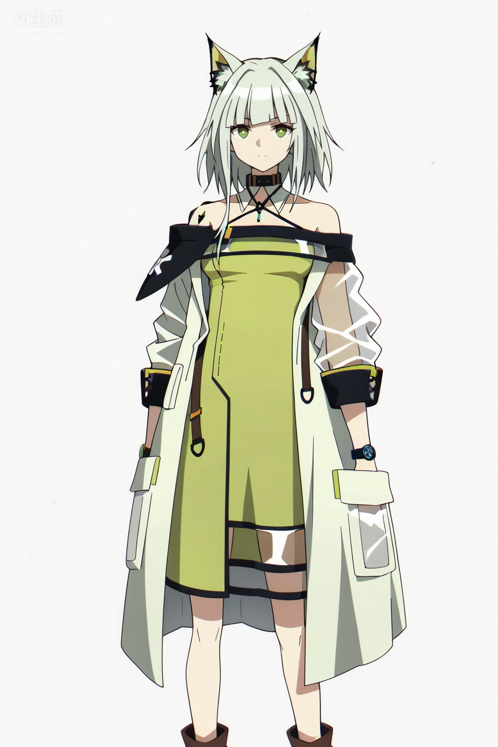 masterpiece, best quality,solo,white background,simple_background,kal'tsit (arknights),ANIME_STYLE,animal ear fluff,Animal ears,short hair,blunt bangs,sidelocks,bangs,green eyes,green hair,cat ears,oripathy lesion \(arknights\),boots,long sleeves,jewelry,off shoulder,bare shoulders,coat,see-through,halterneck,brown footwear,green dress,watch,off-shoulder dress,wristwatch