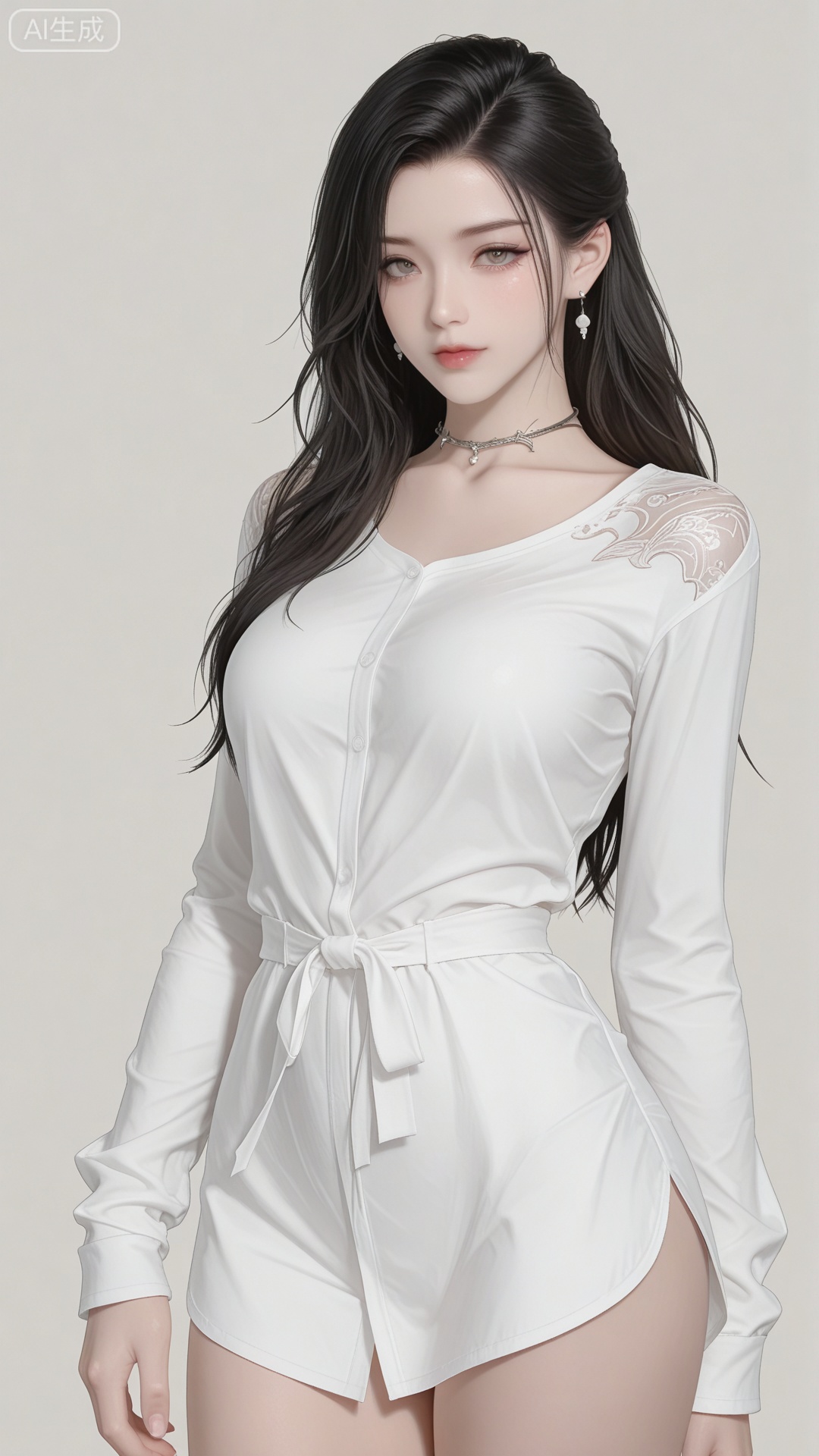 1girl, shirt, solo, exquisite skin, cowboy_shot, looking at viewer, even illumination, very awa, simple background