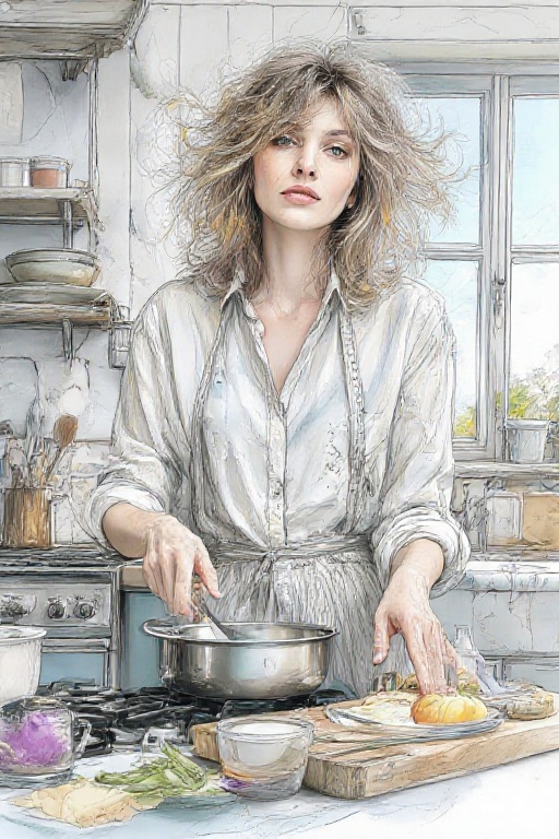 AquarelleSketch Realism,  Stylish woman cooking in a bright cottage kitchen,  watercolor sketch realism on Tensor.Art