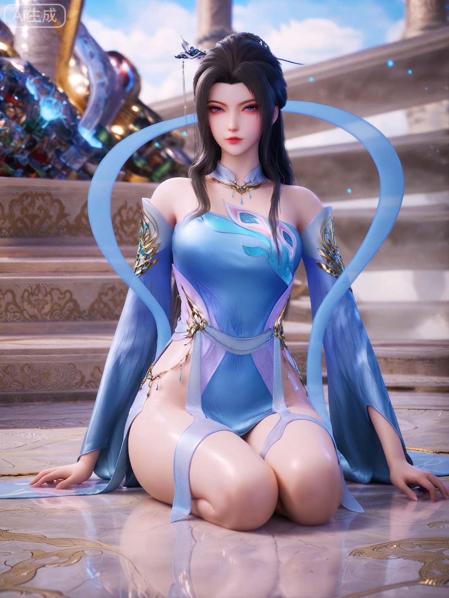 score_9,score_8_up,score_7_up,1girl,solo.looking_at_viewer,realistic,photorealistic,1girl,solo,Vivid Colors,bright environment,shiny skin,shiny hairjewelry,detail eyes,Eyes highlights,extreme detail description,(full body:0.8),light,glowing,sunshine,bright,reflection,bright,sunshine on face,shiny,shinny,petite,thin,leg slimming,lose weight,slim hips,lakeside,delicate water,reflection,sitting_down,eyelashes,black-hair,chinese clothes,blue dress,white dress,sash,detached sleeves,