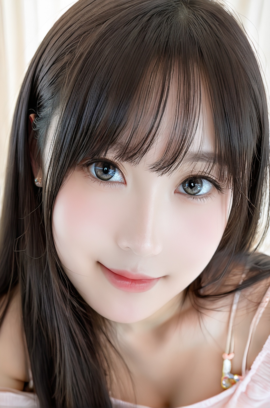 A close-up photo of young woman Dòu Bàn Jiàng. She is looking at the viewer with bright and loving eyes,  genuie smile. Sh...