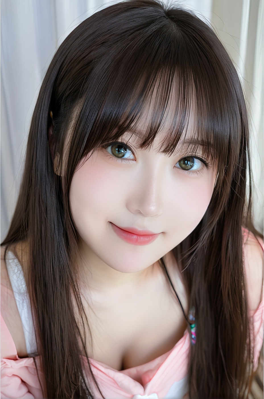 A close-up photo of young woman Dòu Bàn Jiàng. She is looking at the viewer with bright and loving eyes,  genuie smile. Sh...