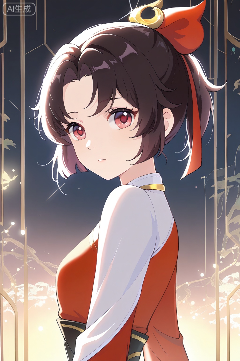 
Random scene,Random scene,

dreamy atmosphere, soft illumination, ethereal glow, sparkling lights, pastel gradients, fantasy lighting
upper body,looking at viewer,
云缨,pastel colors, soft lighting, fresh atmosphere,clean composition, cute aesthetics,masterpiece, best quality,1girl, solo,  brown hair, black hair, hair ornament, red eyes, long sleeves, dress, chinese clothes, red dress, hanfu,
black short hair,short ponytail,hair ribbon with gold ornament,