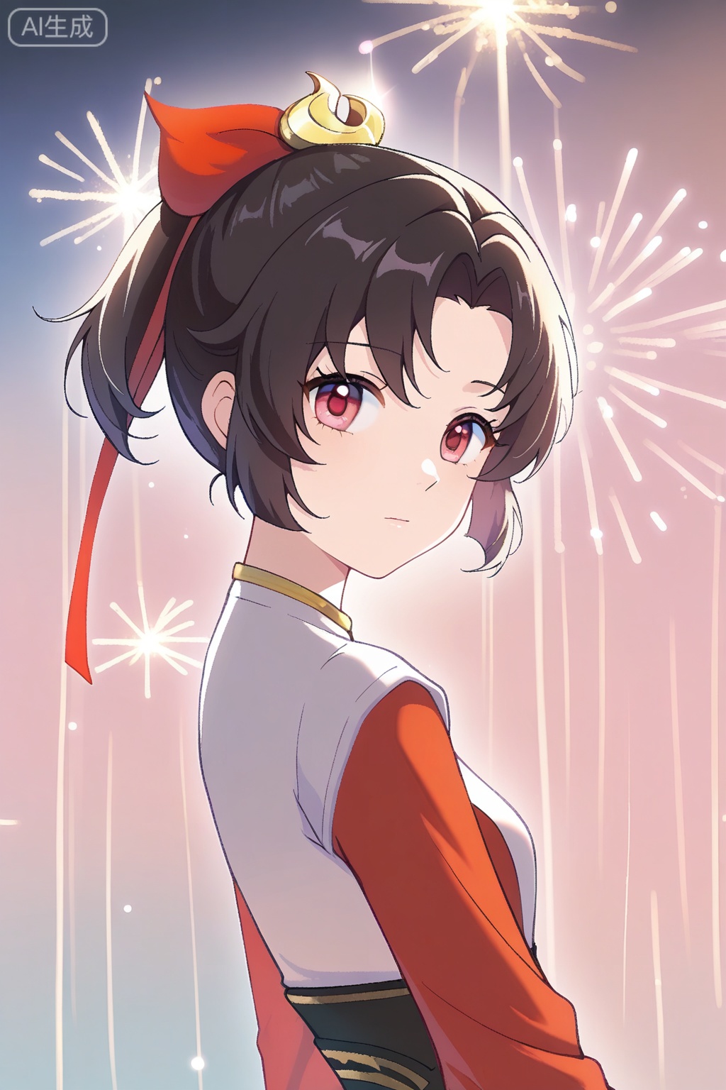 
Random scene,Random scene,

dreamy atmosphere, soft illumination, ethereal glow, sparkling lights, pastel gradients, fantasy lighting
upper body,looking at viewer,
云缨,pastel colors, soft lighting, fresh atmosphere,clean composition, cute aesthetics,masterpiece, best quality,1girl, solo,  brown hair, black hair, hair ornament, red eyes, long sleeves, dress, chinese clothes, red dress, hanfu,
black short hair,short ponytail,hair ribbon with gold ornament,