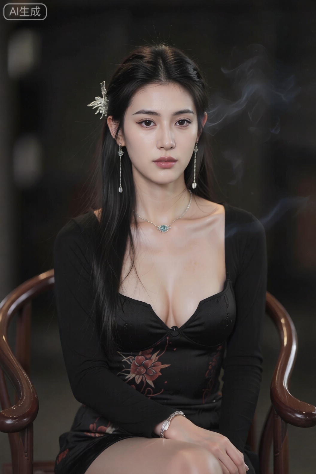 1girl, solo, long hair, breasts, looking at viewer, black hair, hair ornament, long sleeves, dress, cleavage, jewelry, sitting, closed mouth, earrings, necklace, bracelet, chinese clothes, smoke, realistic