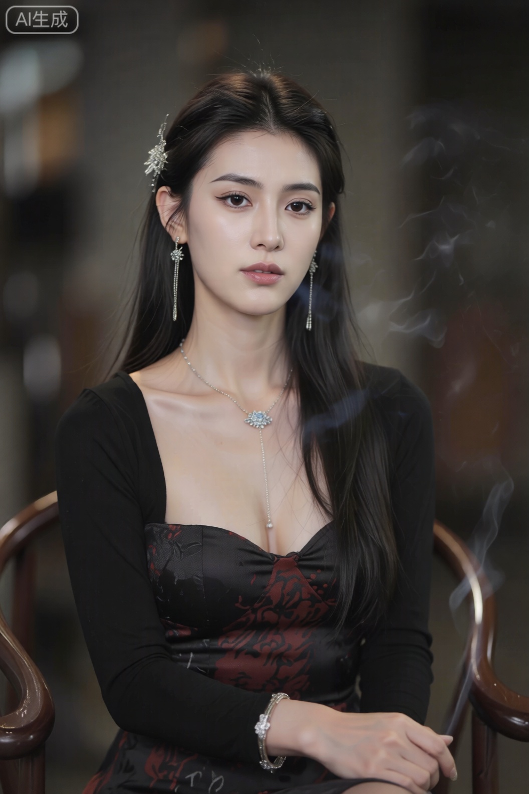 1girl, solo, long hair, breasts, looking at viewer, black hair, hair ornament, long sleeves, dress, cleavage, jewelry, sitting, closed mouth, earrings, necklace, bracelet, chinese clothes, smoke, realistic