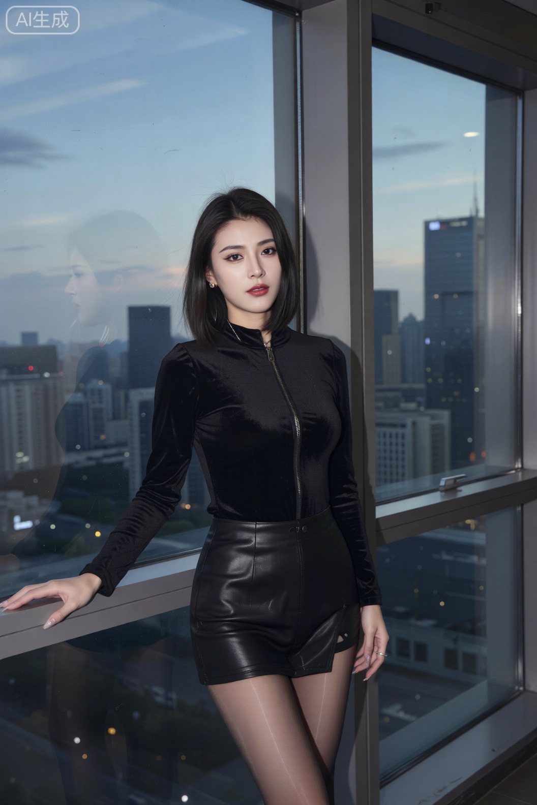 A confident East Asian woman with sleek black hair, red lipstick, and a sharp gaze, standing by a floor-to-ceiling window at dusk. She is dressed in a black velvet bodysuit, a high-waisted leather mini skirt, and sheer black fishnet stockings. The city skyline is visible in the background, with dramatic low-key lighting and a cool color palette. Chic, sophisticated, high detail, 8K, cinematic.
