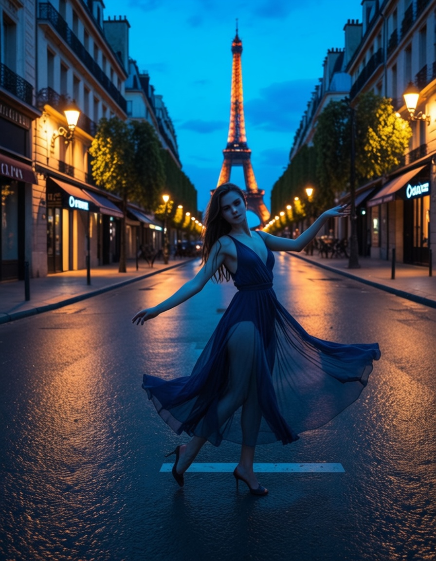 ehbluehour,  girl dancing in the streets of paris on Tensor.Art